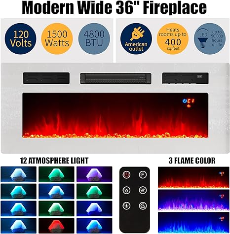 Amerlife Fireplace TV Stand with 36in Fireplace, 70in Modern High Gloss Entertainment Center LED Lights, 2 Tier Console Cabinet for TVs Up to 80in, White