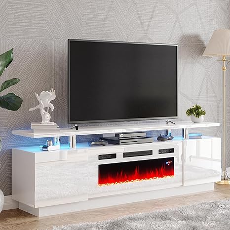 Amerlife Fireplace TV Stand with 36in Fireplace, 70in Modern High Gloss Entertainment Center LED Lights, 2 Tier Console Cabinet for TVs Up to 80in, White