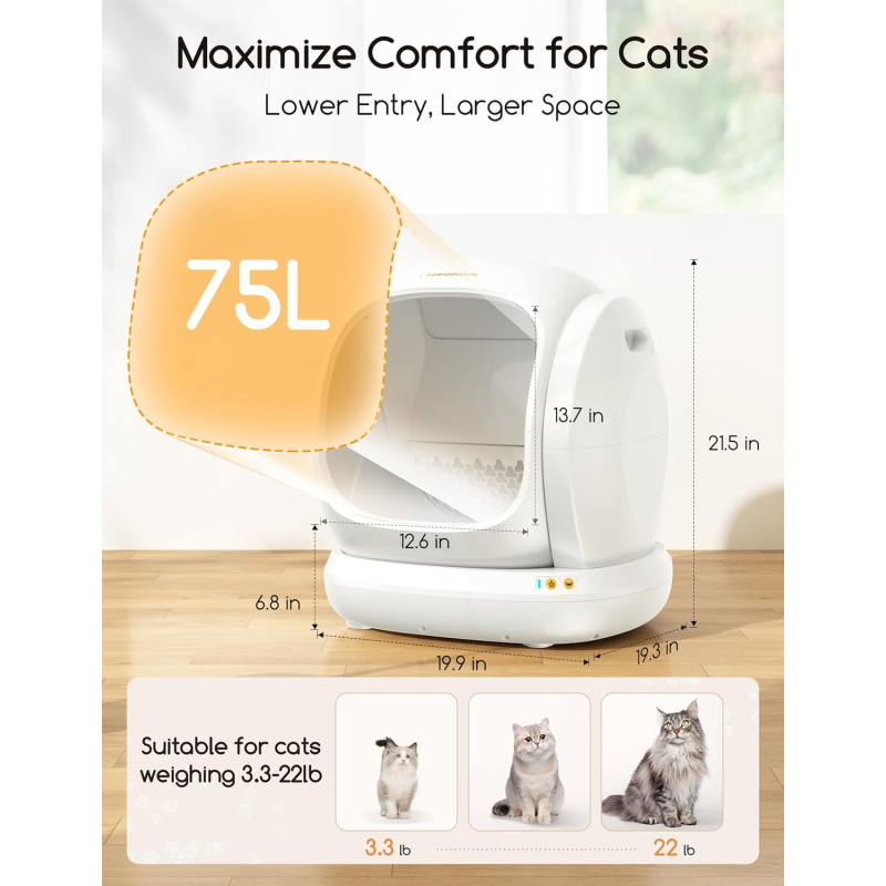 MeoWant Self-Cleaning Cat Litter Box, 75L Extra Large Open Automatic Cat Litter Box for Multi Cats, Integrated Safety Protection/APP Control/Odor Removal Smart Litter Box with Mat & Liner