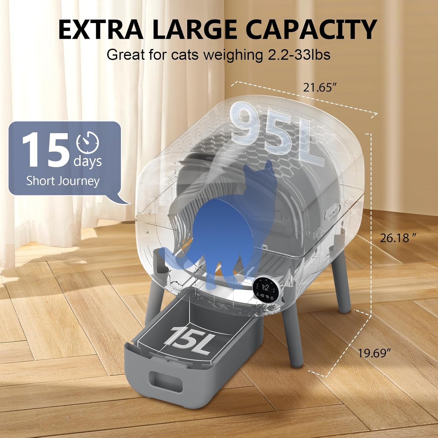 Self Cleaning Litter Box, 95 L Automatic Cat Litter Box Self Cleaning for Multiple Cats, with Safety Protection, App Control,2 Roll Garbage Bags