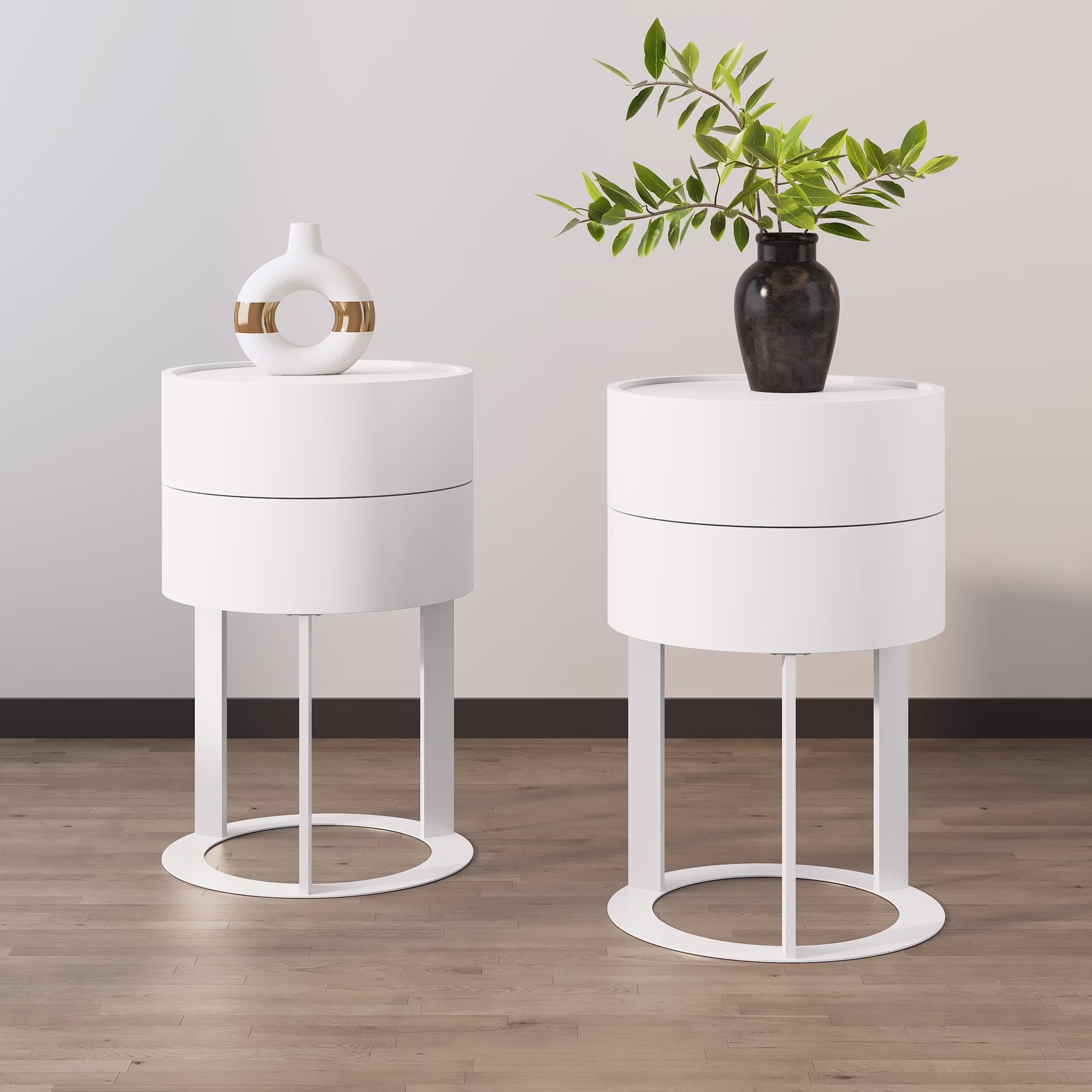 HLR Modern Round Wood Nightstand with Drawer, 2-Tier End Table for Living Room, Bedroom, Black