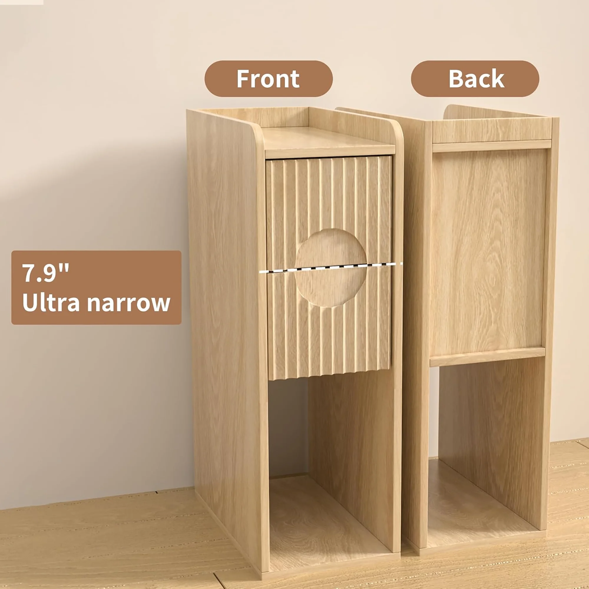 Narrow Nightstand Set of 2 with Drawers, Fluted Slim Side End Table with Storage for Small Spaces