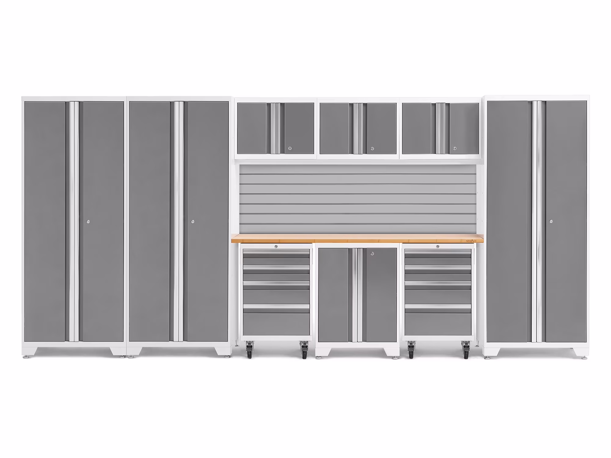 NewAge Products Bold Series Gray 10 Piece Cabinet Set, Heavy Duty 24-Gauge Steel Garage Storage System, Slatwall Included