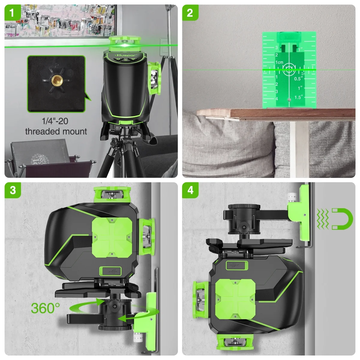 Huepar 3 x 360 Degree Cross Line Laser Level 3D Self-leveling Tiling Floor Green Beam Laser Leveler Tools with Li-ion Battery & Pivoting Base S03DG-L