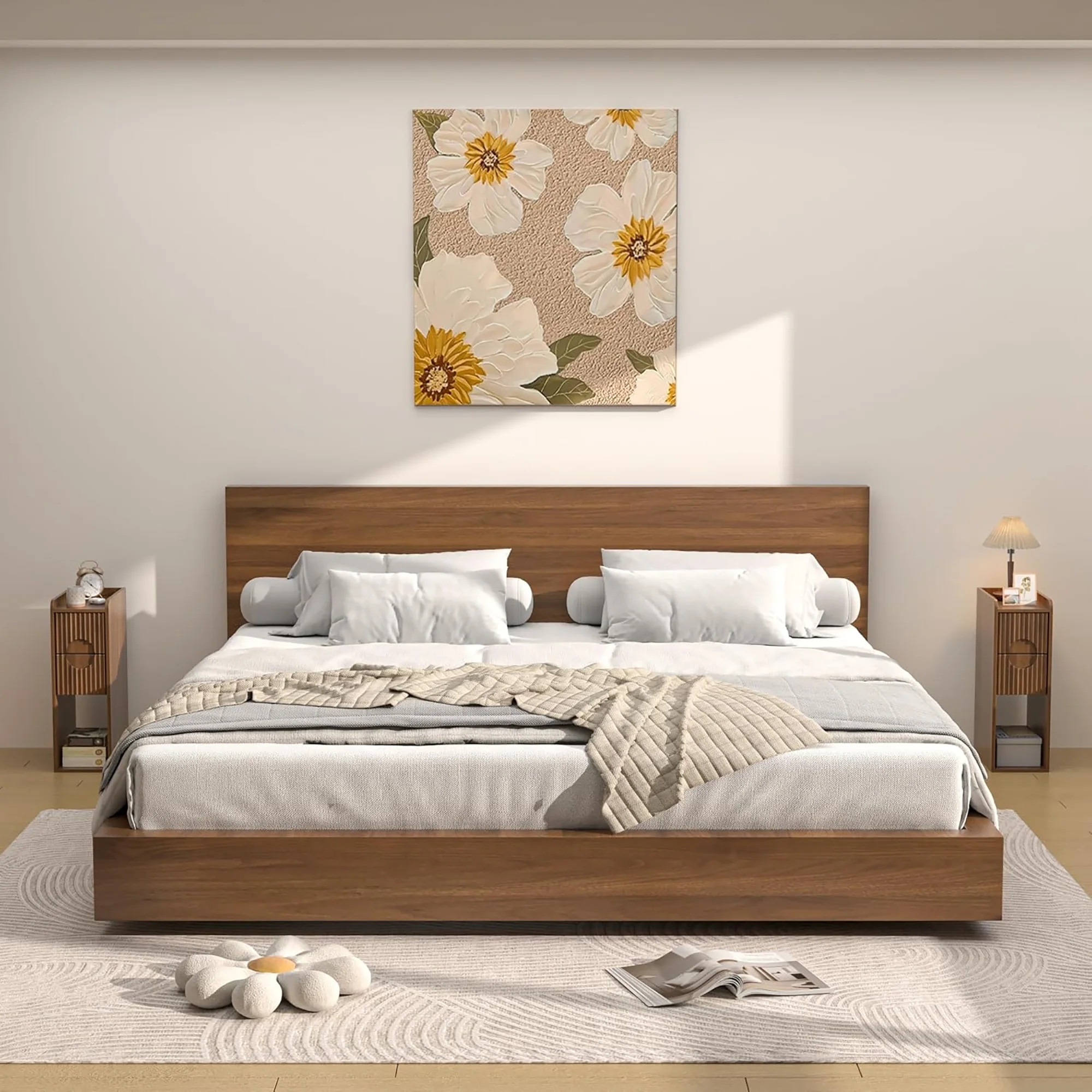 Narrow Nightstand Set of 2 with Drawers, Fluted Slim Side End Table with Storage for Small Spaces