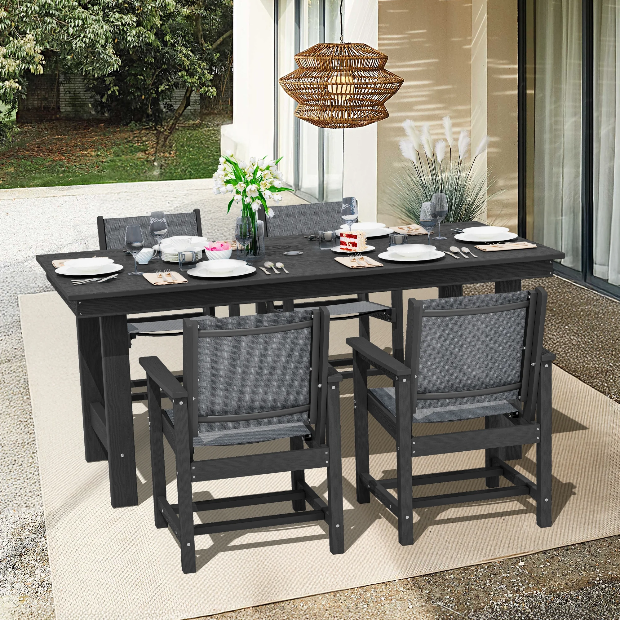 SERWALL Outdoor HDPE Dining Table Set, 7-Piece Outdoor Dining Table Sets with Umbrella Hole, Grey