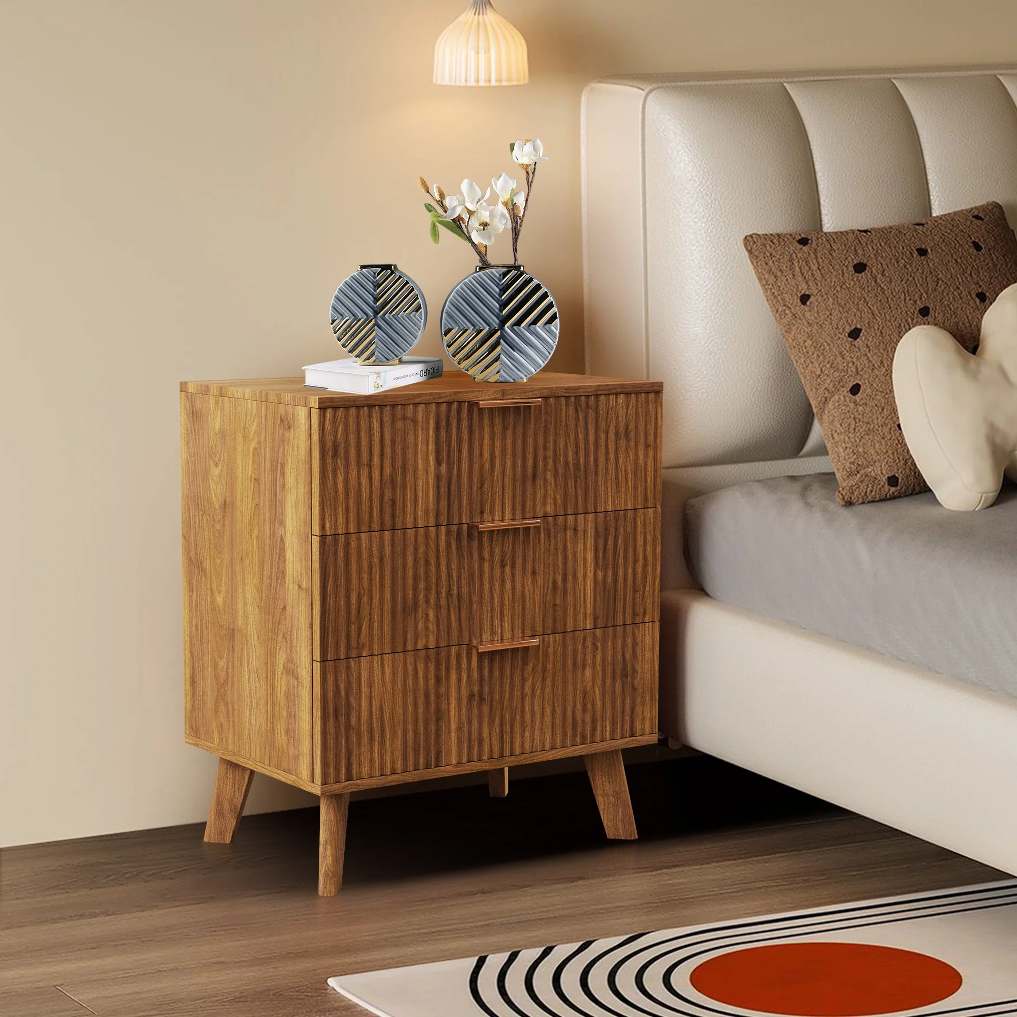 YOCWO Fluted Nightstand for Bedroom Set of 2 , Wood Bedside Table Set of 2 with Drawers, Black