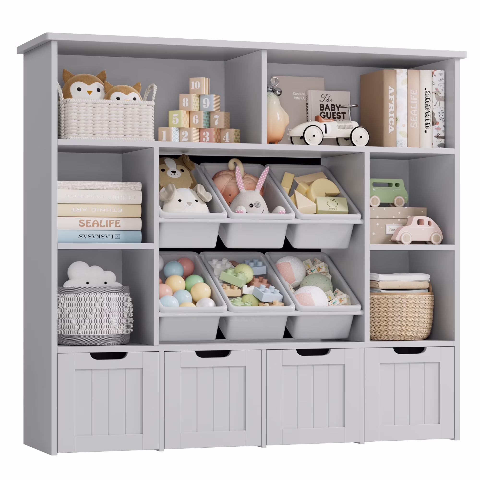 Hiphuta Large 4 Tier Kids Bookcase, Wood Toy Organizer of 6 Boxes & 4 Removable Drawers, Bookshelf for Kids Room, White