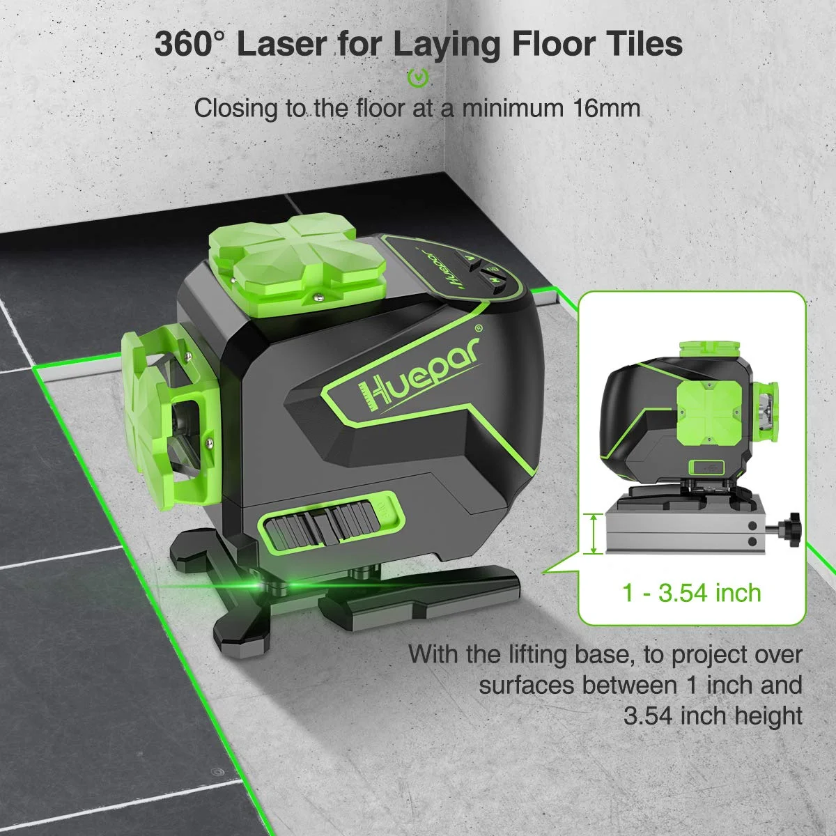 Huepar 3 x 360 Degree Cross Line Laser Level 3D Self-leveling Tiling Floor Green Beam Laser Leveler Tools with Li-ion Battery & Pivoting Base S03DG-L
