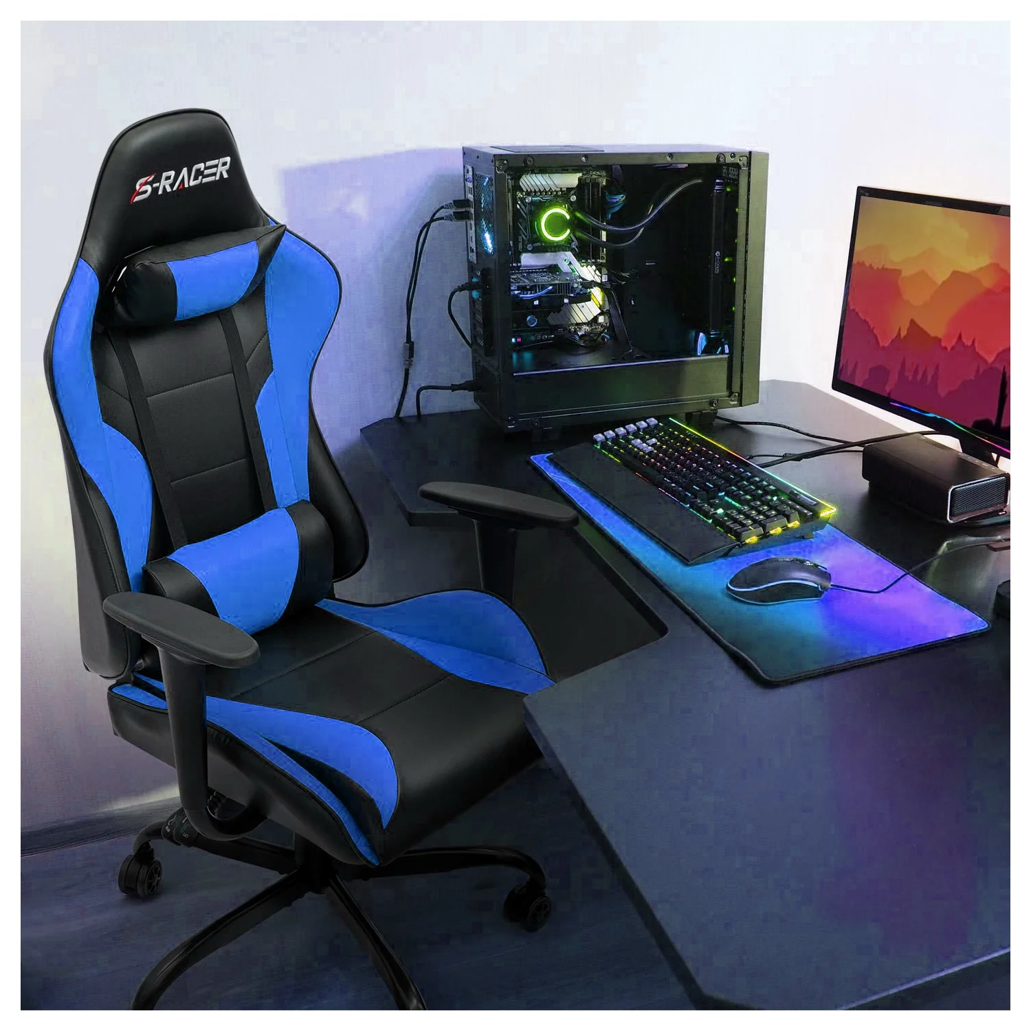 Lacoo Gaming Chair in Home Office PU Leather Reclining Gaming Chair Adjustable Adjustable Headrest and Lumbar Pillow, Red