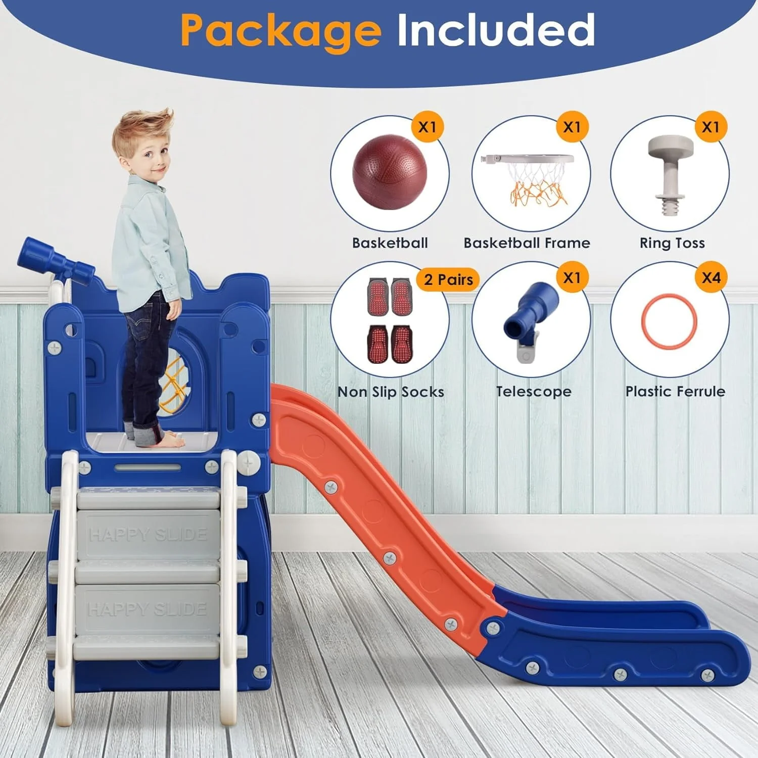 Suteck 7 in 1 Toddler Slide, L-Shaped Kids Slide for Toddlers Age 1+ with Basketball Hoop and Ball, Ring Toss, Storage Space