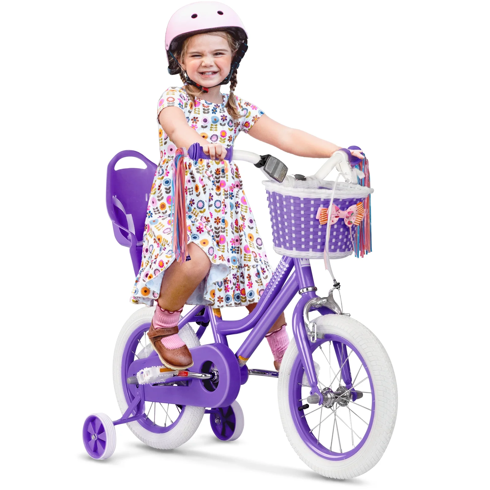 XJD Girls Bike for Toddlers 3-9 Years Old Kids, 14 Inch Kids Bike with Training Wheels, Streamers, Basket and Doll Seat, Children Bicycles with Handbrake