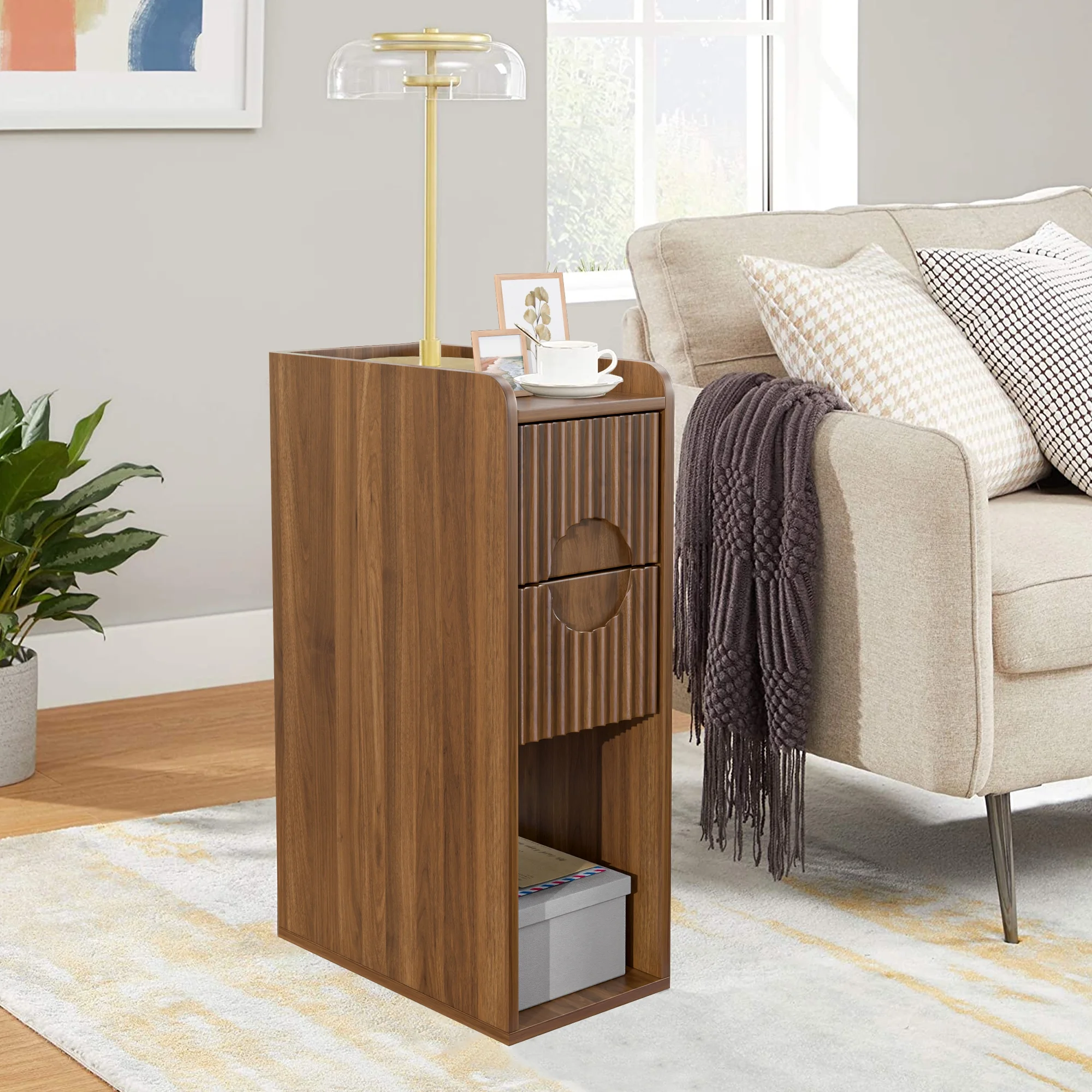 Narrow Nightstand Set of 2 with Drawers, Fluted Slim Side End Table with Storage for Small Spaces