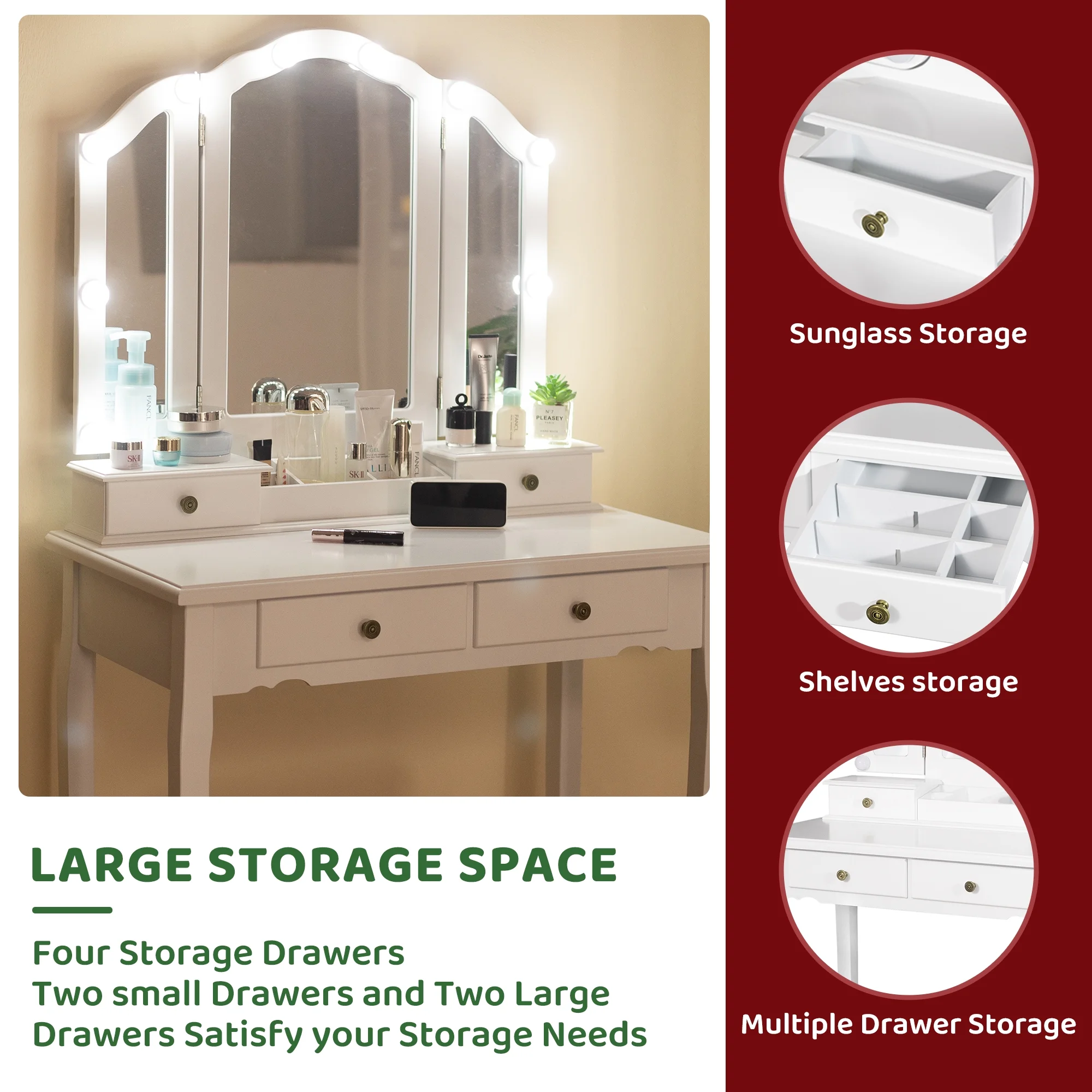 LilyFantasy Makeup Vanity with Lights, Vanity Desk with Cushioned Stool, Tri-fold Vanity Table Set with 4 Drawers, 3 Adjustable Light Modes, 2 Brush Slots, 2 Open Compartments for Girls, Women, White