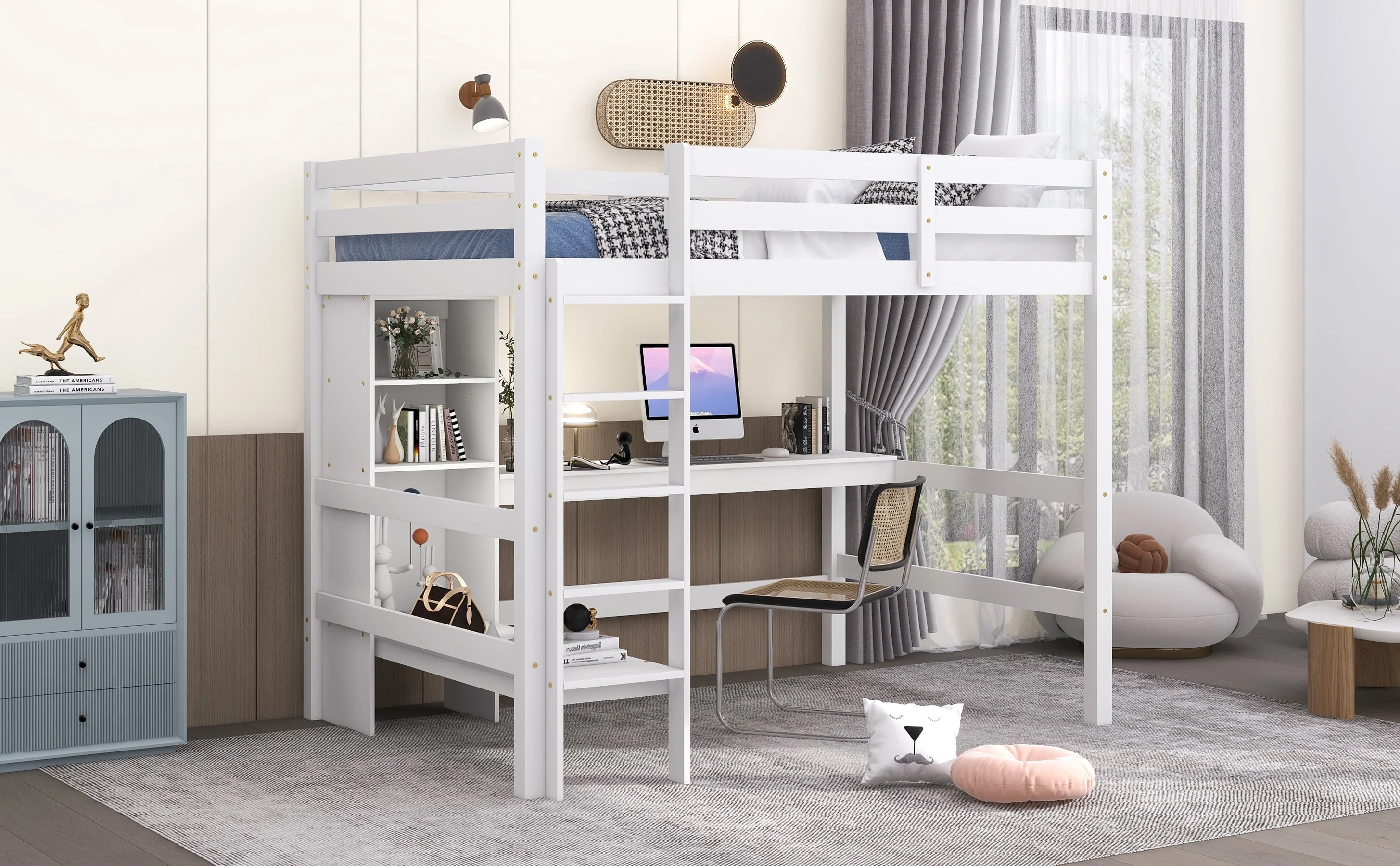 Euroco Full Size Loft Bed with Desk, Shelves and Bench for Kids Room, Solid Wood Bed with Relax Bench, White