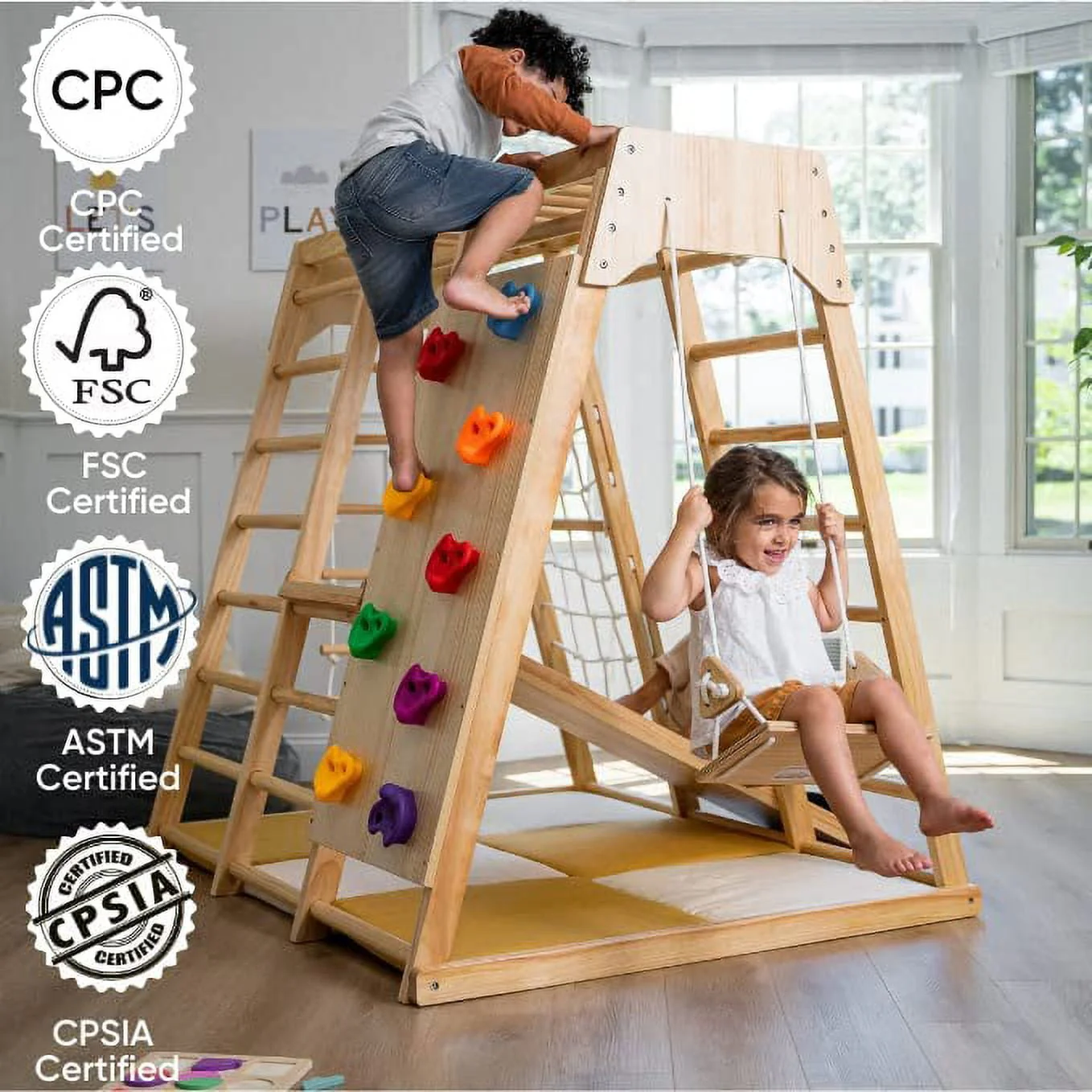Avenlur Indoor Toddler and Child Indoor Gym Playground Climber - Real Wooden Playset 6-in-1 Slide, Rock Climb Wall, Rope Wall Climbing, Monkey Bars, Swing, Ladder Fun Gym for Children