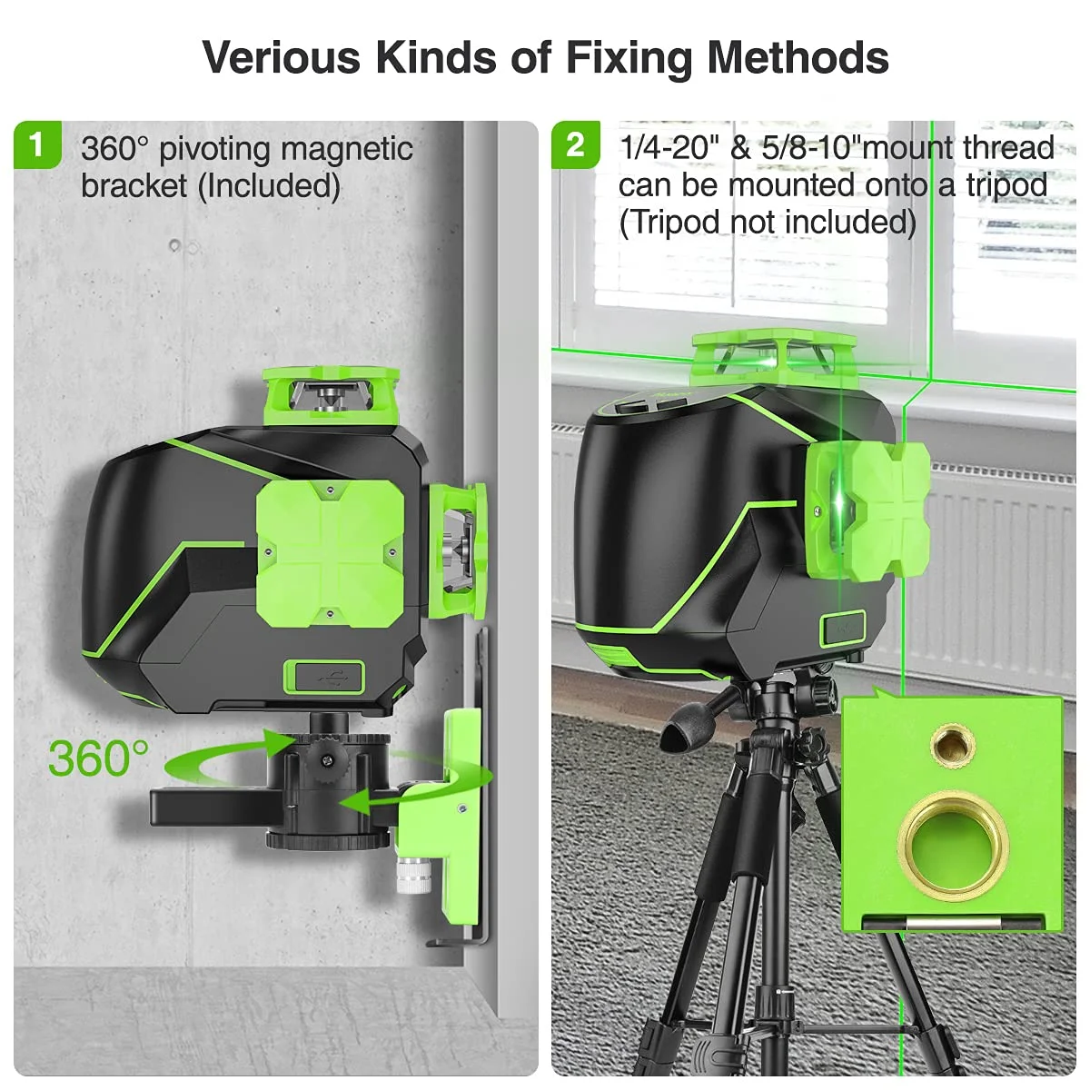 Huepar 3 x 360 Degree Cross Line Laser Level 3D Self-leveling Tiling Floor Green Beam Laser Leveler Tools with Li-ion Battery & Pivoting Base S03DG-L