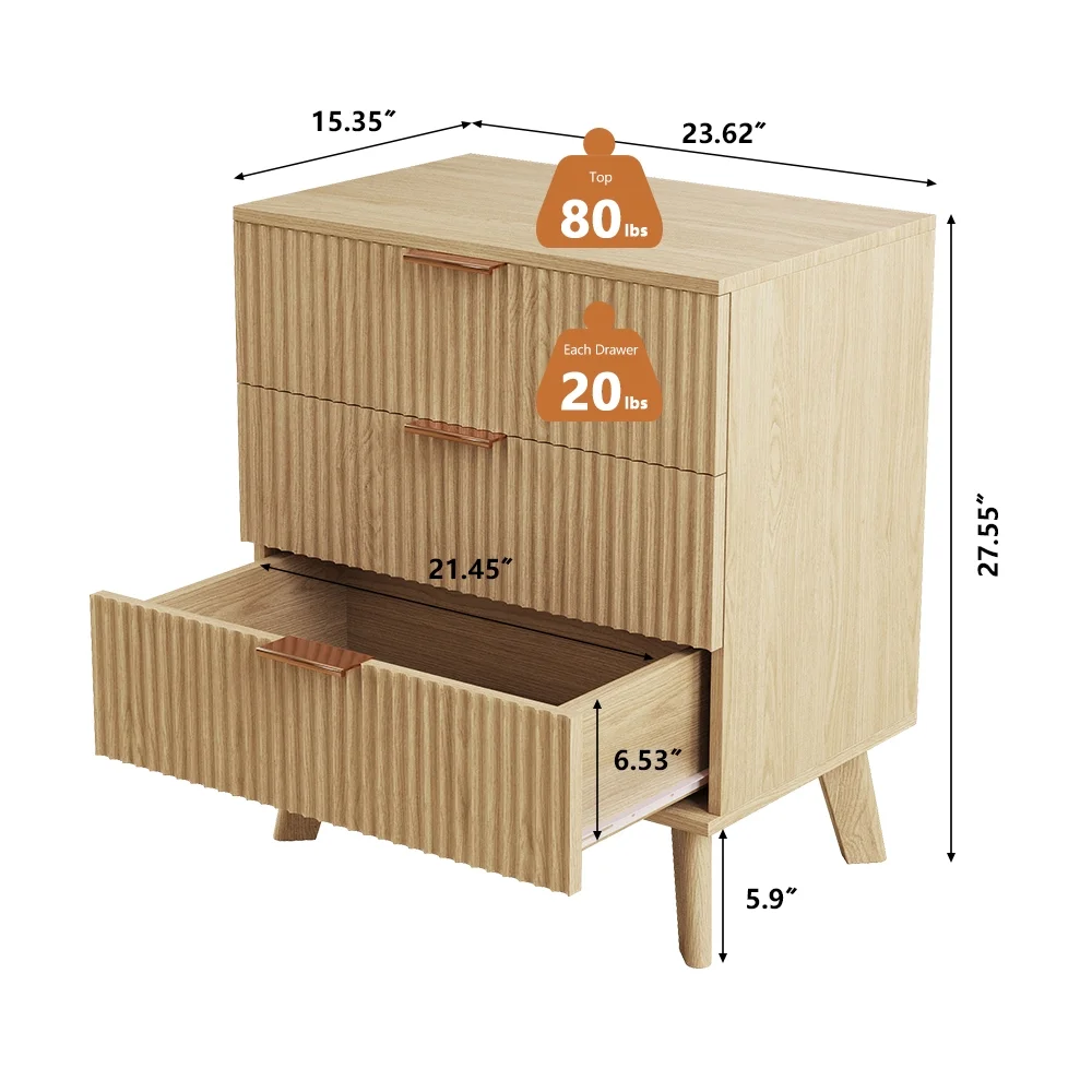 YOCWO Fluted Nightstand for Bedroom Set of 2 , Wood Bedside Table Set of 2 with Drawers, Black