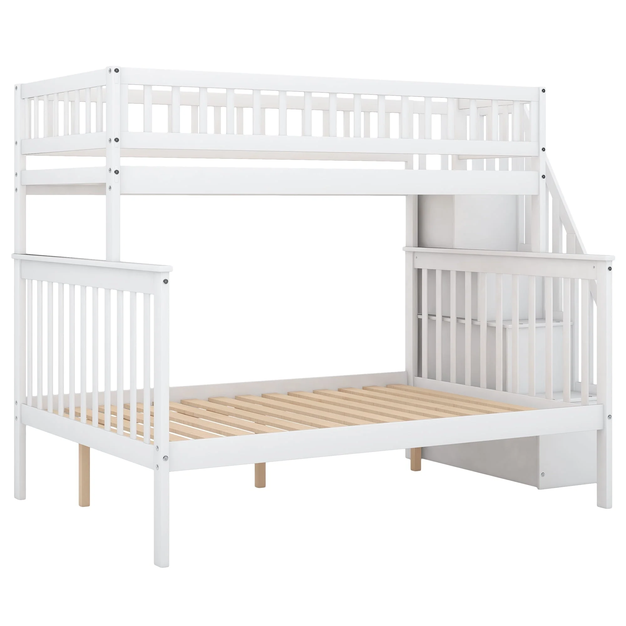 Twin over Full Bunk Bed with Stairs and Storage for Kids, White