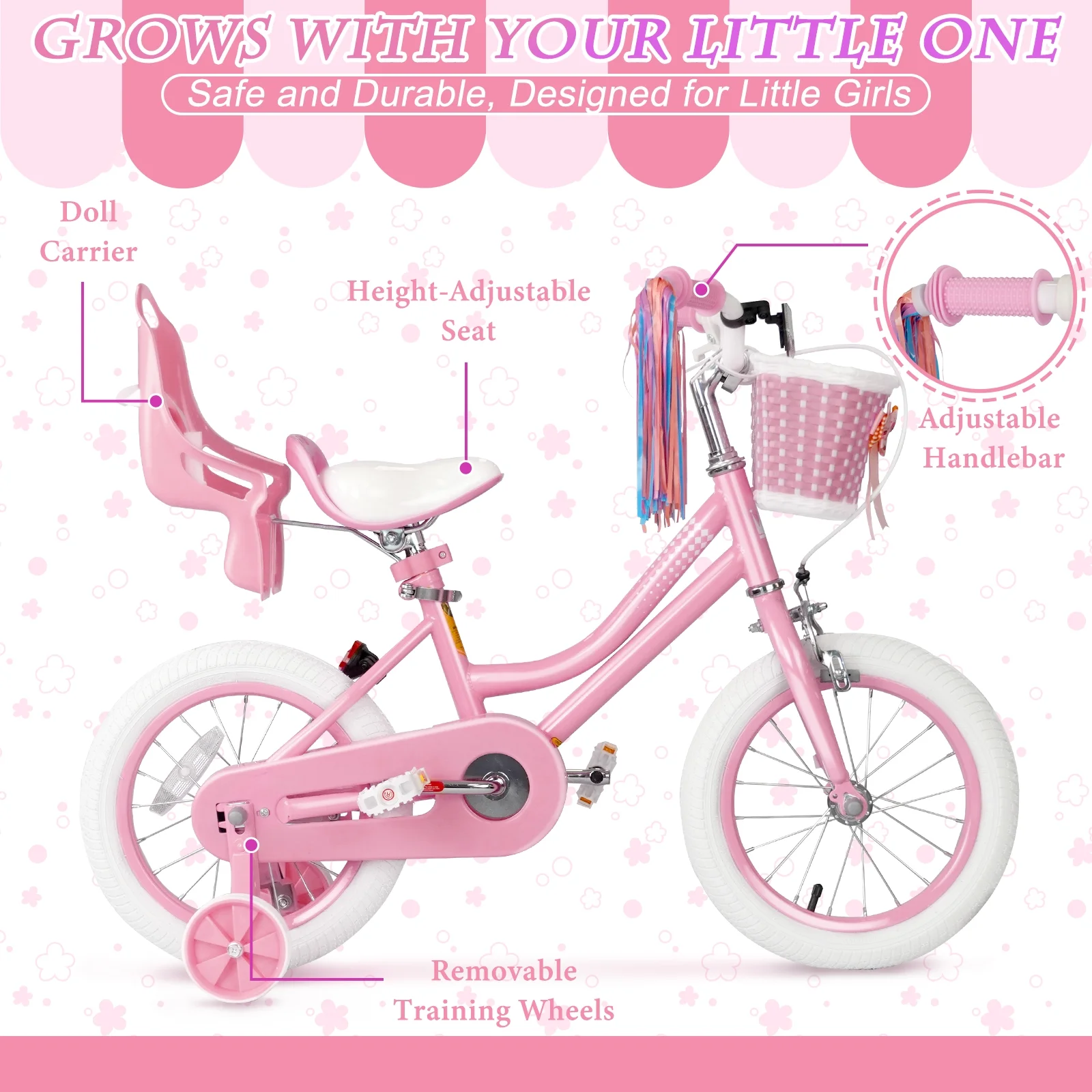 XJD Girls Bike for Toddlers 3-9 Years Old Kids, 14 Inch Kids Bike with Training Wheels, Streamers, Basket and Doll Seat, Children Bicycles with Handbrake
