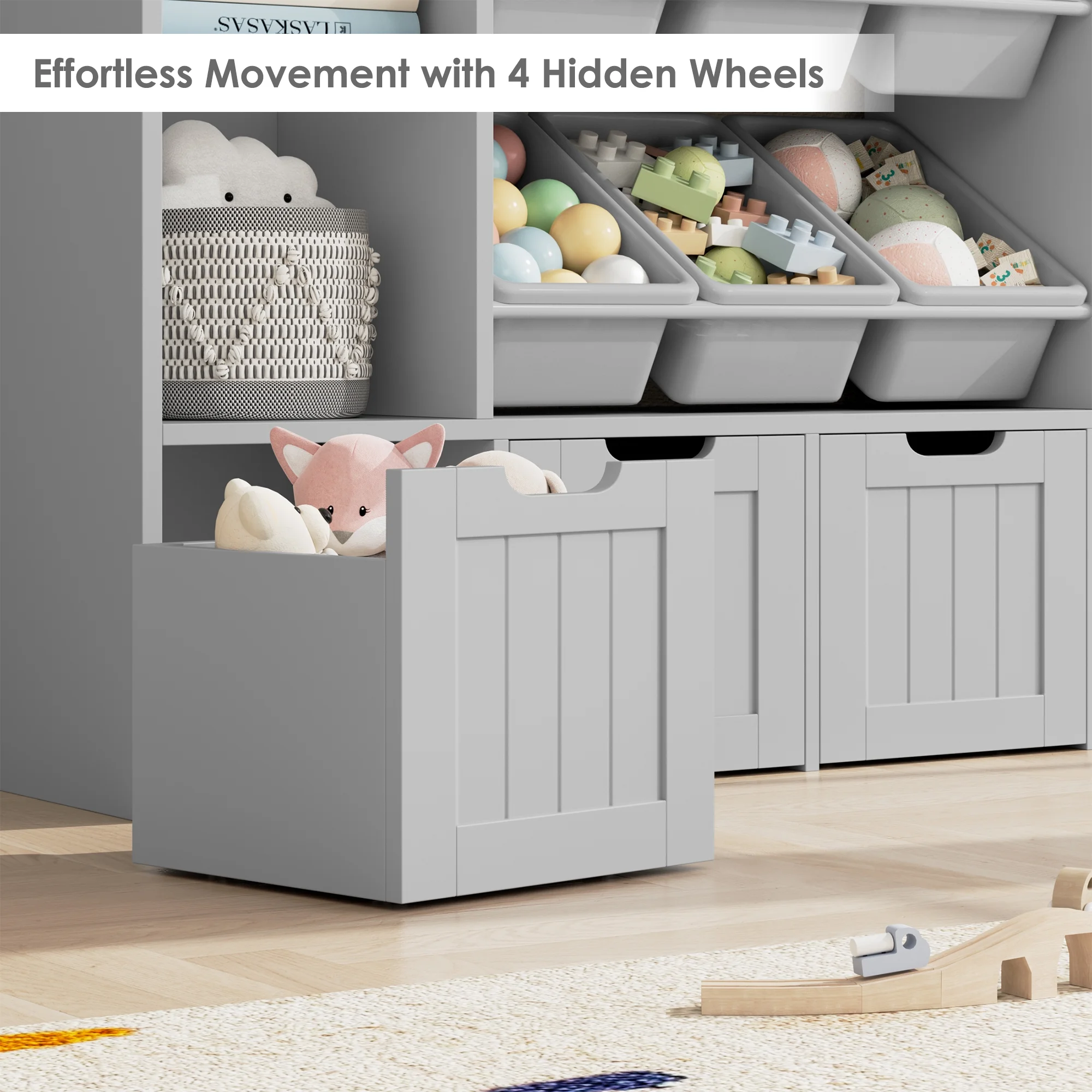 Hiphuta Large 4 Tier Kids Bookcase, Wood Toy Organizer of 6 Boxes & 4 Removable Drawers, Bookshelf for Kids Room, White