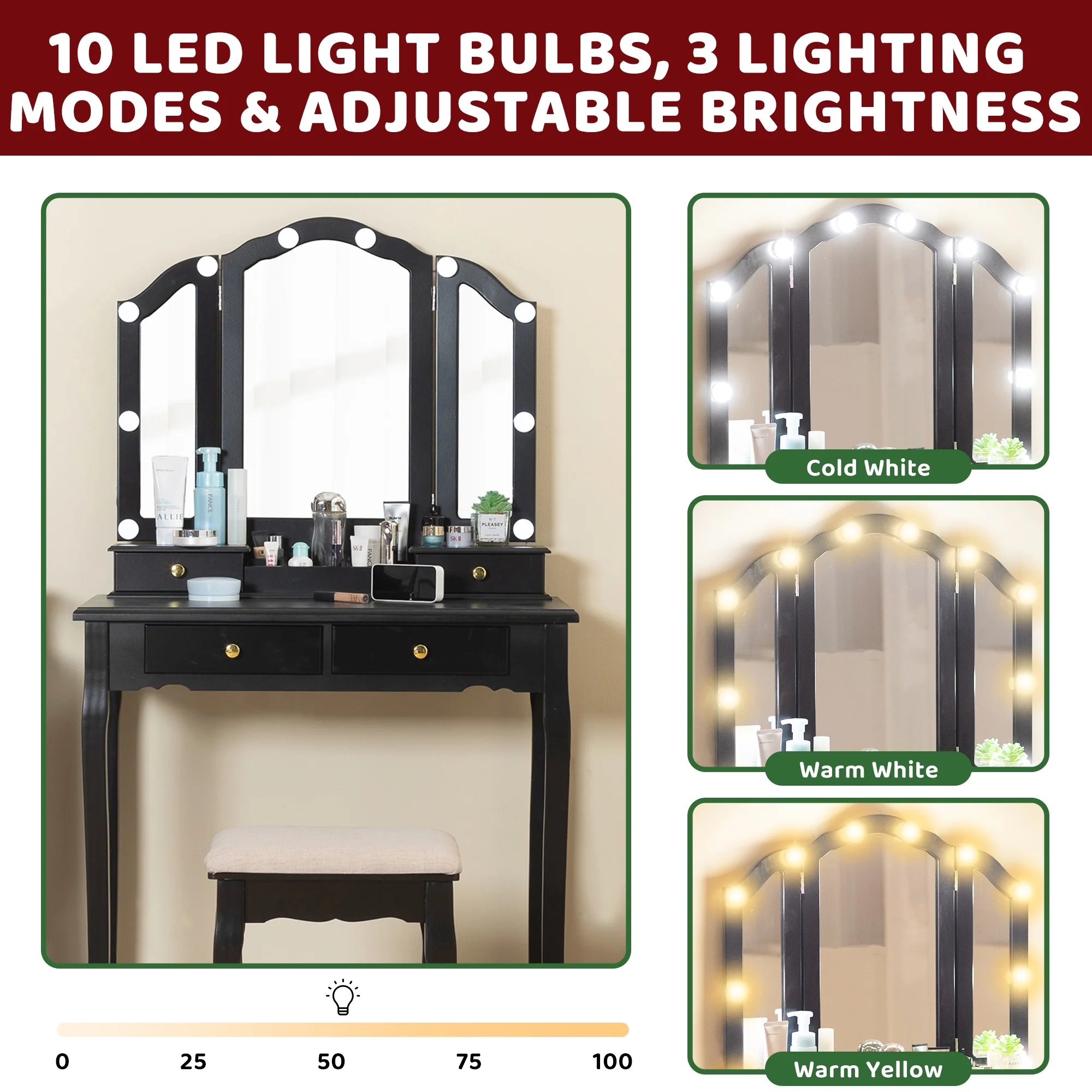 LilyFantasy Makeup Vanity with Lights, Vanity Desk with Cushioned Stool, Tri-fold Vanity Table Set with 4 Drawers, 3 Adjustable Light Modes, 2 Brush Slots, 2 Open Compartments for Girls, Women, White