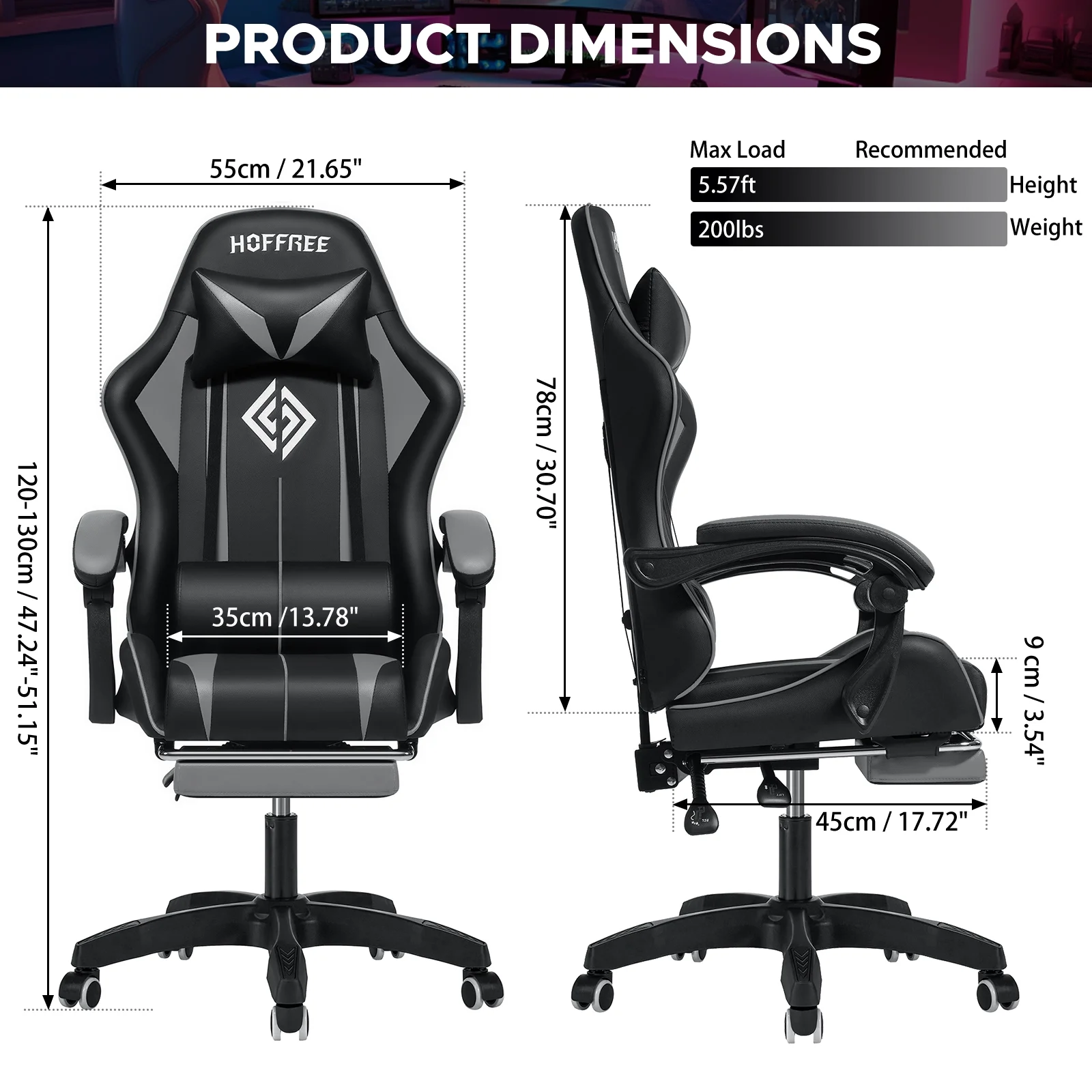 Hoffree Gaming Chair Massage Game Chair with Footrest and Massage Lumbar Support Ergonomic Computer Chair Height Adjustable with Swivel Seat and Headrest