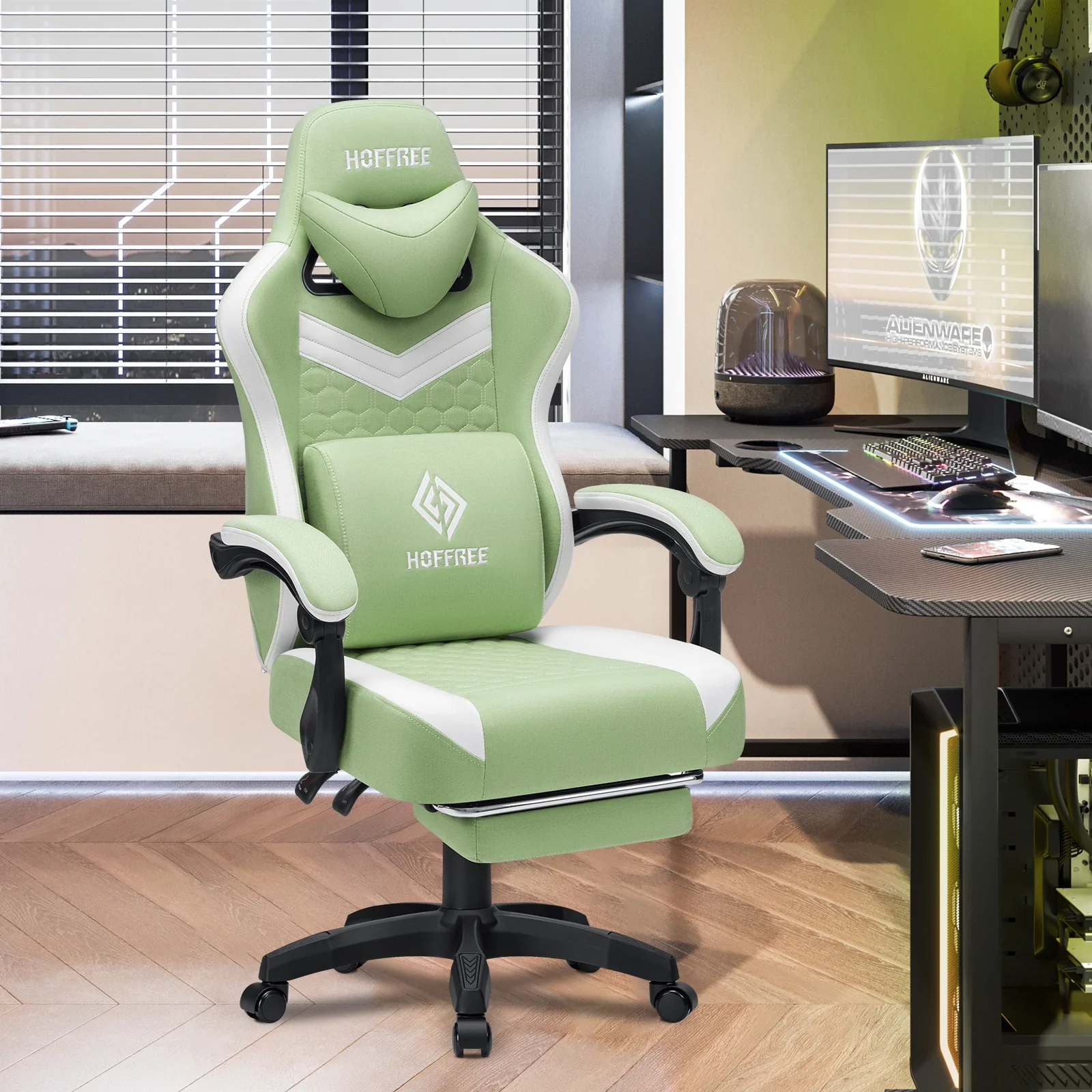 Hoffree Gaming Chair with Speakers Fabric Gamer Chair with footrest and massage Big and Tall Video Game Chair with Headrest and Lumbar Support for Adults