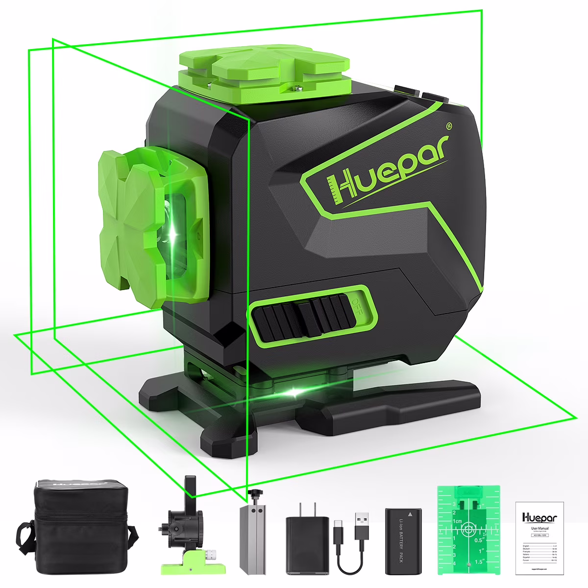 Huepar 3 x 360 Degree Cross Line Laser Level 3D Self-leveling Tiling Floor Green Beam Laser Leveler Tools with Li-ion Battery & Pivoting Base S03DG-L