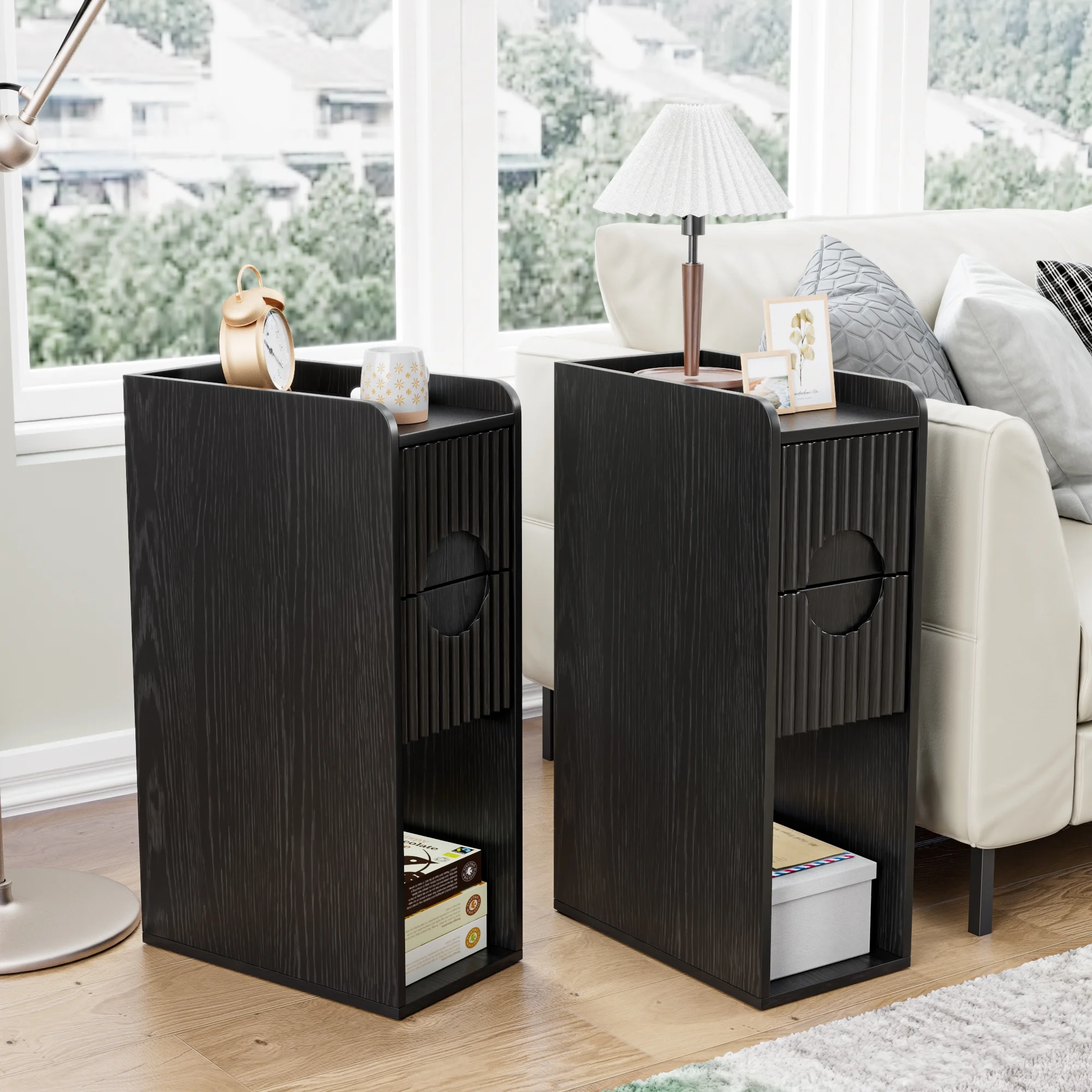 Narrow Nightstand Set of 2 with Drawers, Fluted Slim Side End Table with Storage for Small Spaces