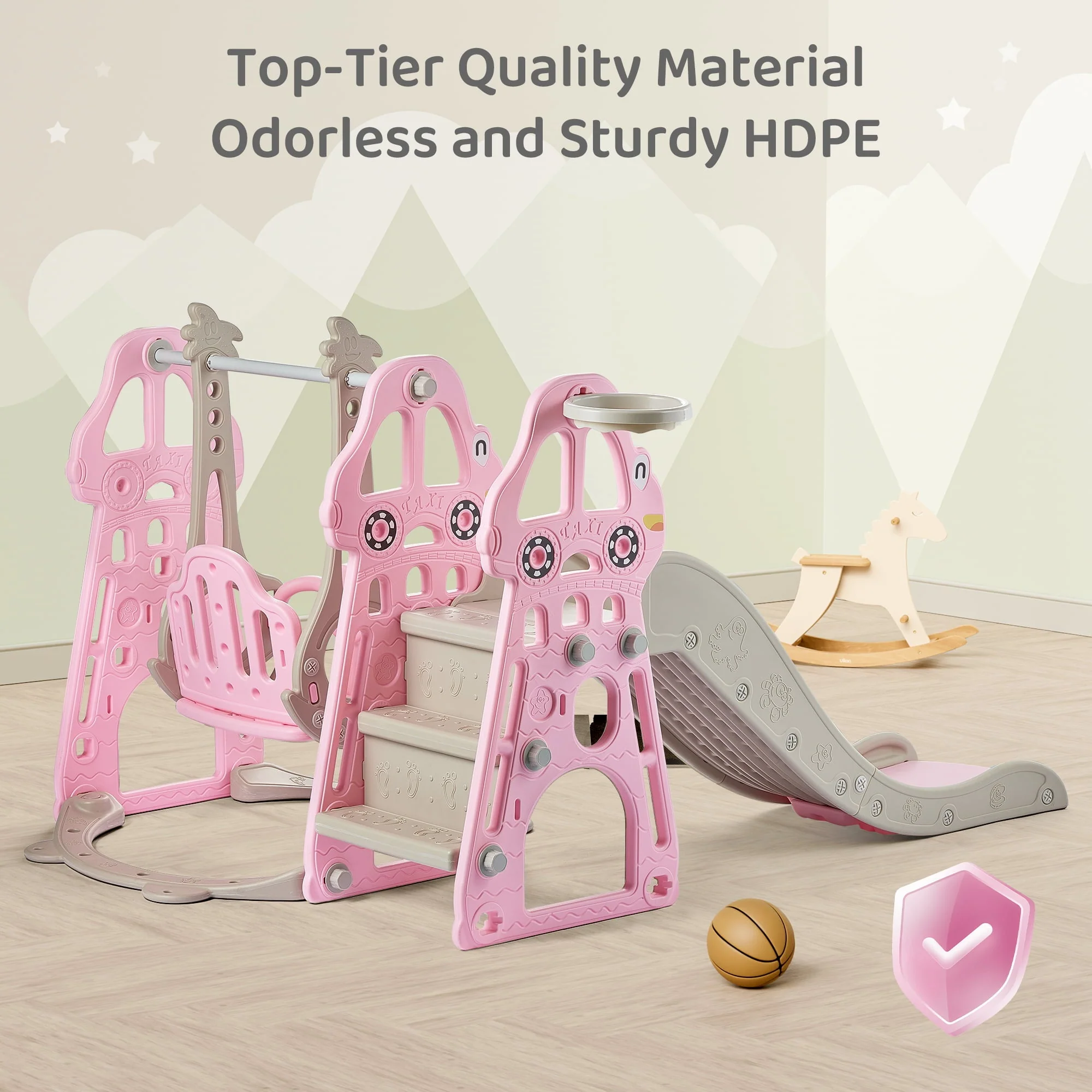 DUKE BABY 4-in-1 Kids Swing and Slide Set for Toddler Age 1-6, Extra Large Baby Indoor Outdoor Activity Playground with Basketball Hoop and Climber – Pink