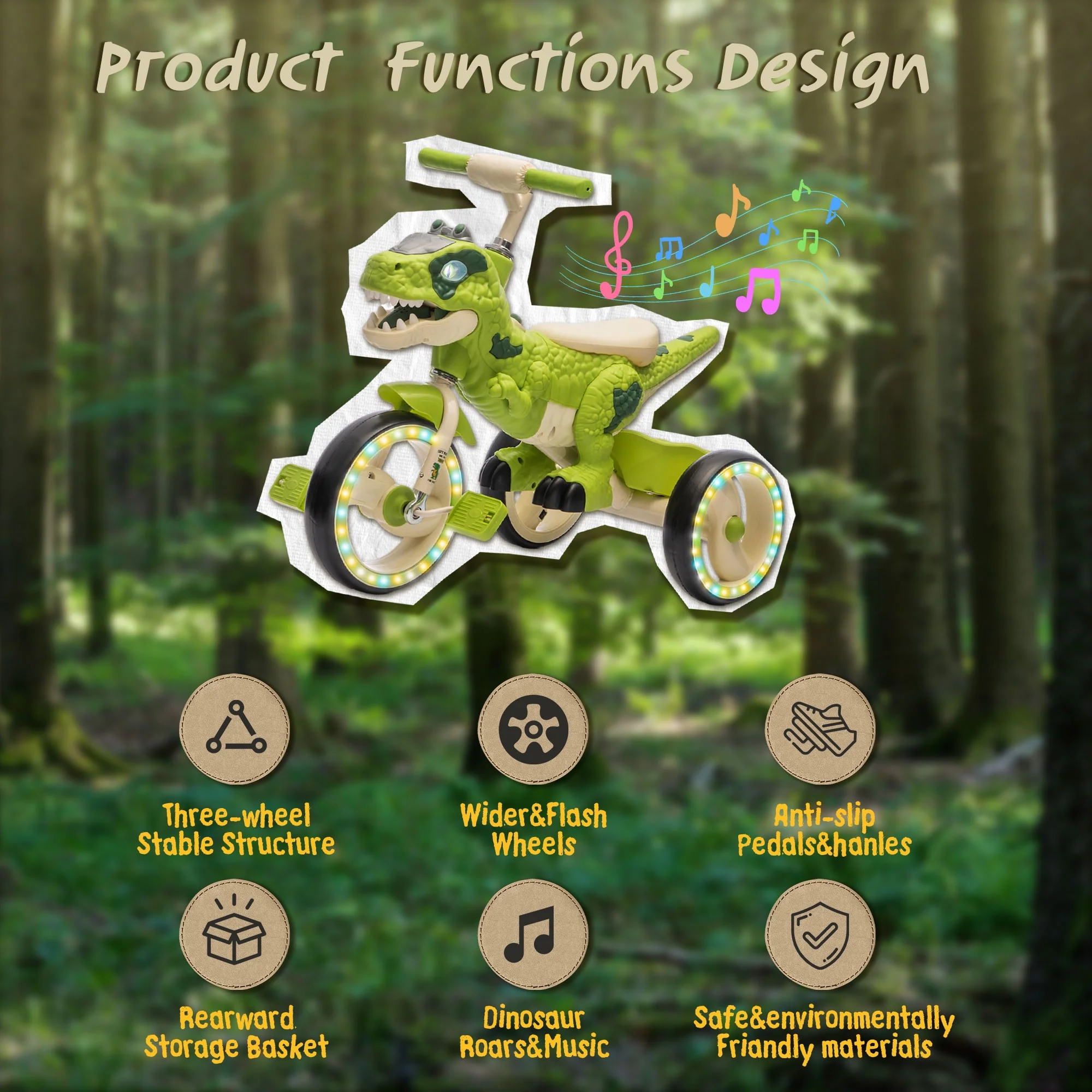 Xuanlur Kids Ride on Dinosaur Tricycle, Toddlers Kid Trike with Wide Flash Wheels, Anti-Slip Pedals, Rear Basket, Music & LED Lights, Toddler Bike Toys Gift for 3-6 Year Old Boys & Girls (Green)