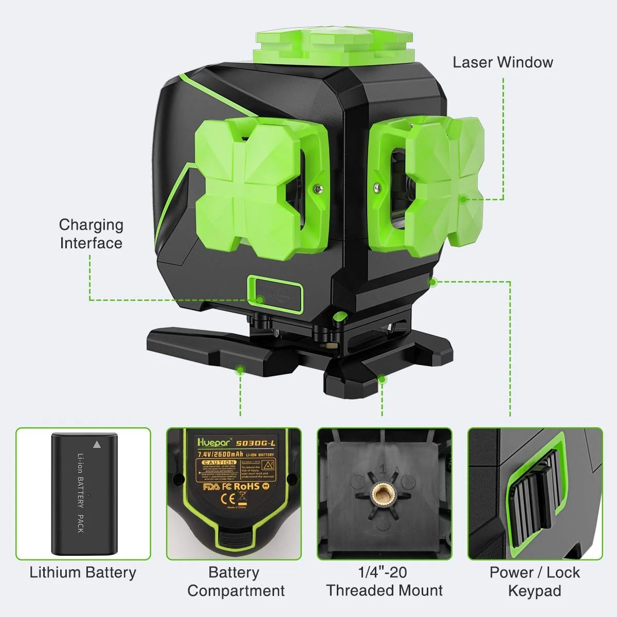 Huepar 3 x 360 Degree Cross Line Laser Level 3D Self-leveling Tiling Floor Green Beam Laser Leveler Tools with Li-ion Battery & Pivoting Base S03DG-L