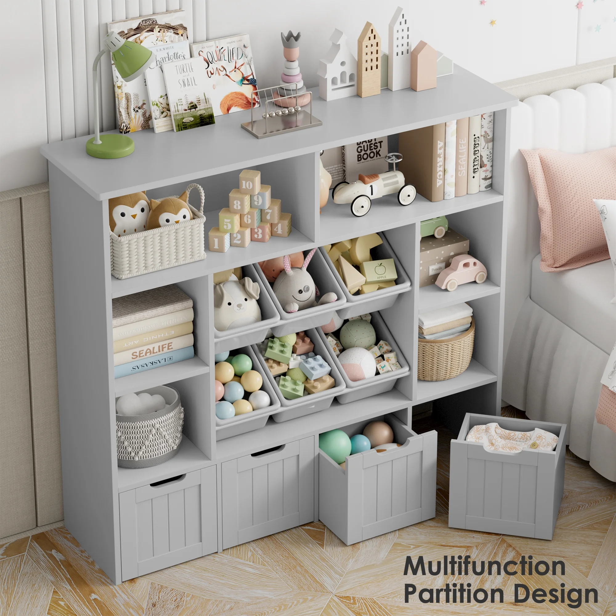 Hiphuta Large 4 Tier Kids Bookcase, Wood Toy Organizer of 6 Boxes & 4 Removable Drawers, Bookshelf for Kids Room, White