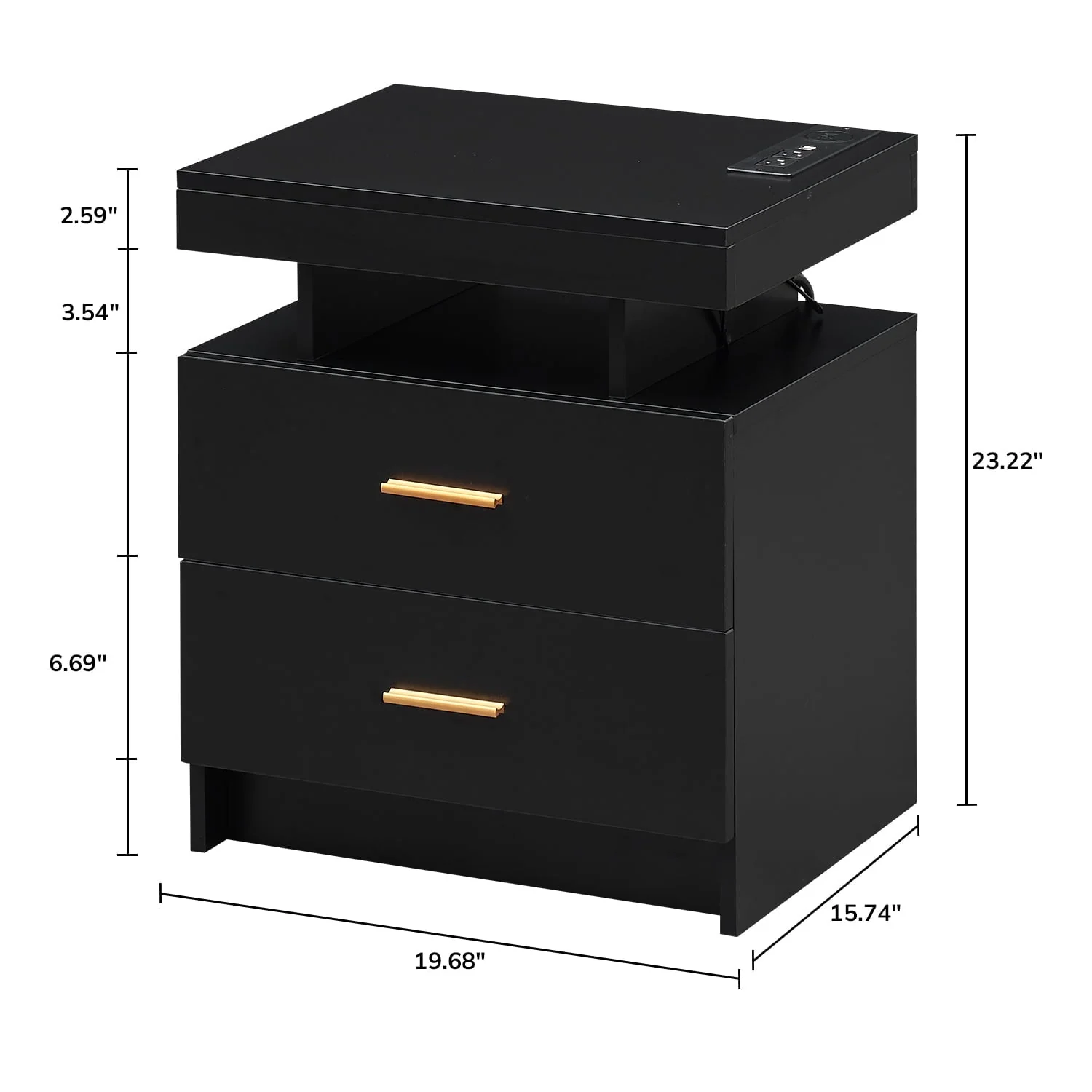 LED Nightstand, 2 Drawers Bedside Tables with Wireless Charging Station 2 Outlets and 2 USB Ports,Bedroom Nightstand with RGB 30 LED Light Mode App and Remote Control,Black