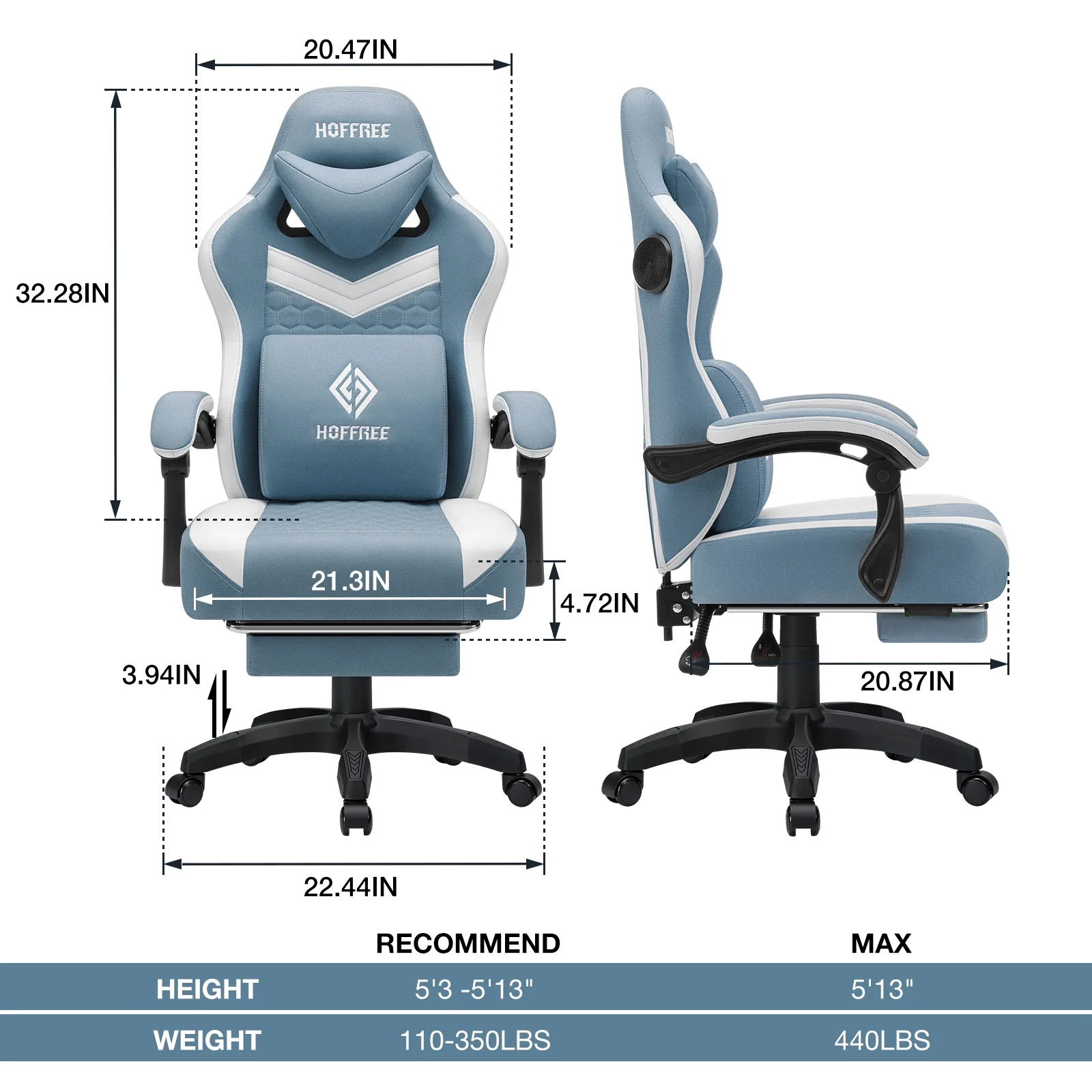 Hoffree Gaming Chair with Speakers Fabric Gamer Chair with footrest and massage Big and Tall Video Game Chair with Headrest and Lumbar Support for Adults