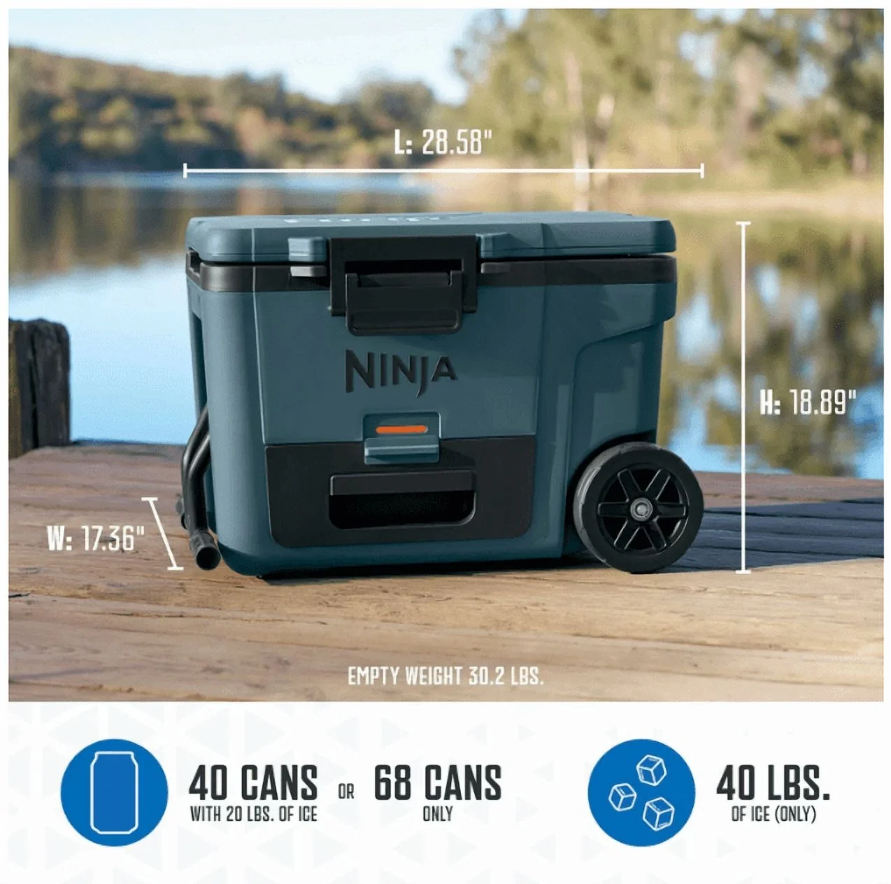 Ninja | Cooler | FrostVault 45QT Cooler with Wheels | Insulated with Temp Dry Storage Drawer | Keeps Ice Cold for Days | for The Beach, Camping, Picnics & More | Ocean Blue | FB245AOB