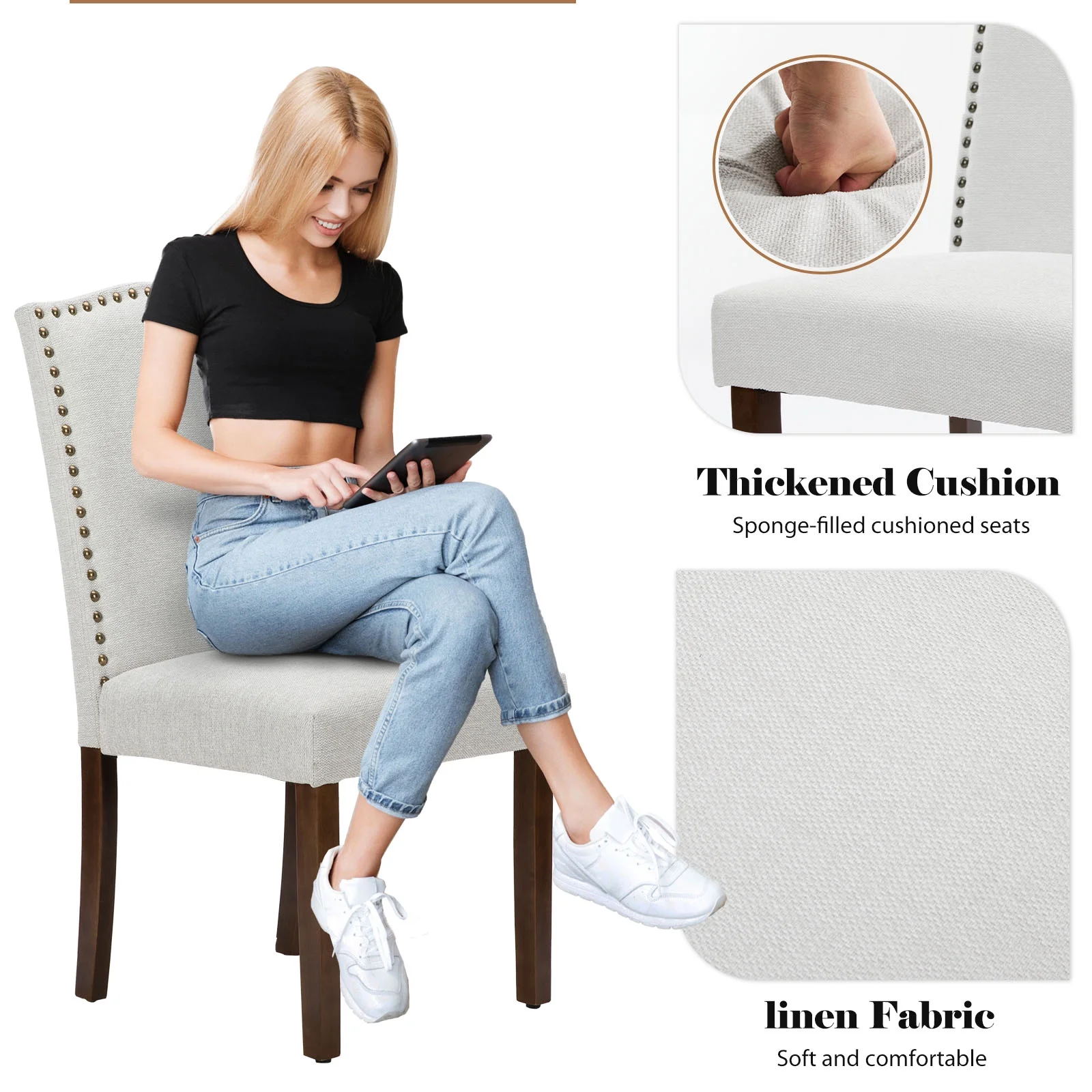 EDX Dining Chairs Set of 2, Parsons Chairs with Nailhead Trim and Wood Legs