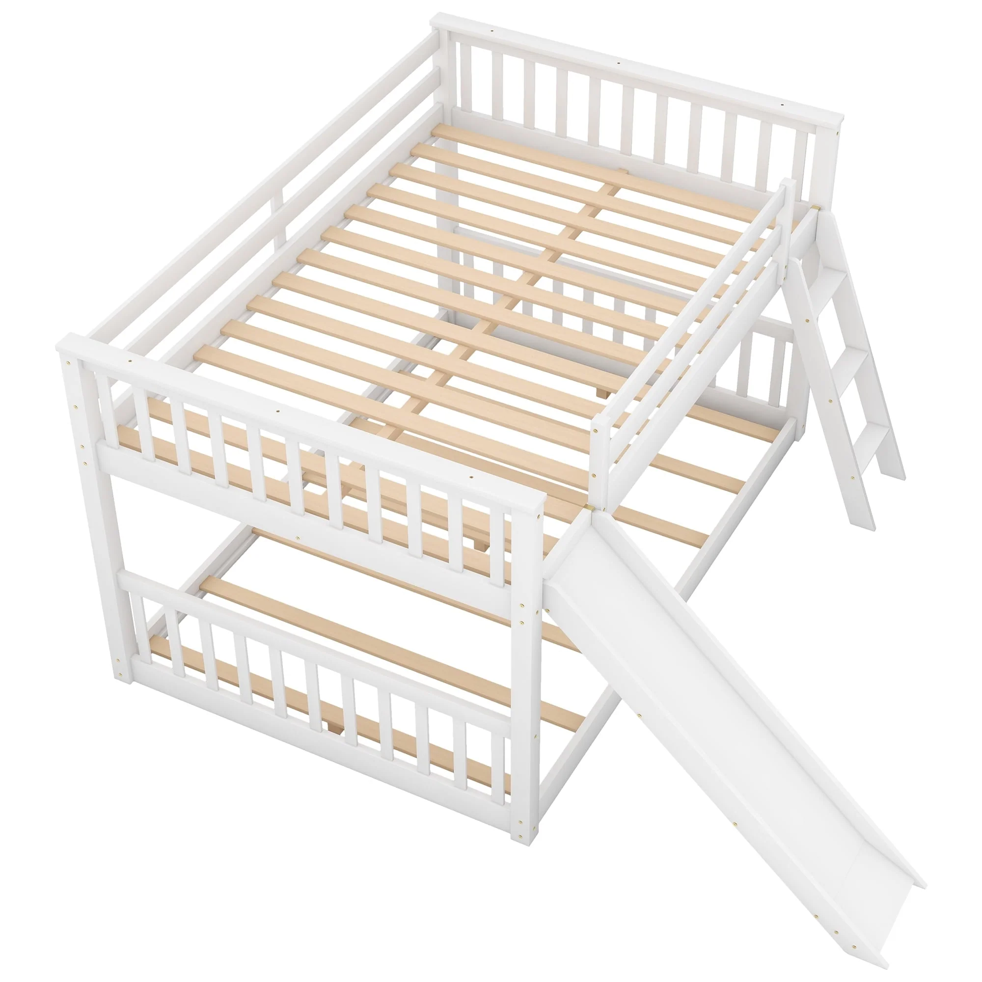 Euroco Full over Full Floor Bunk Bed with Slide and Ladder for Kids Bedroom, White