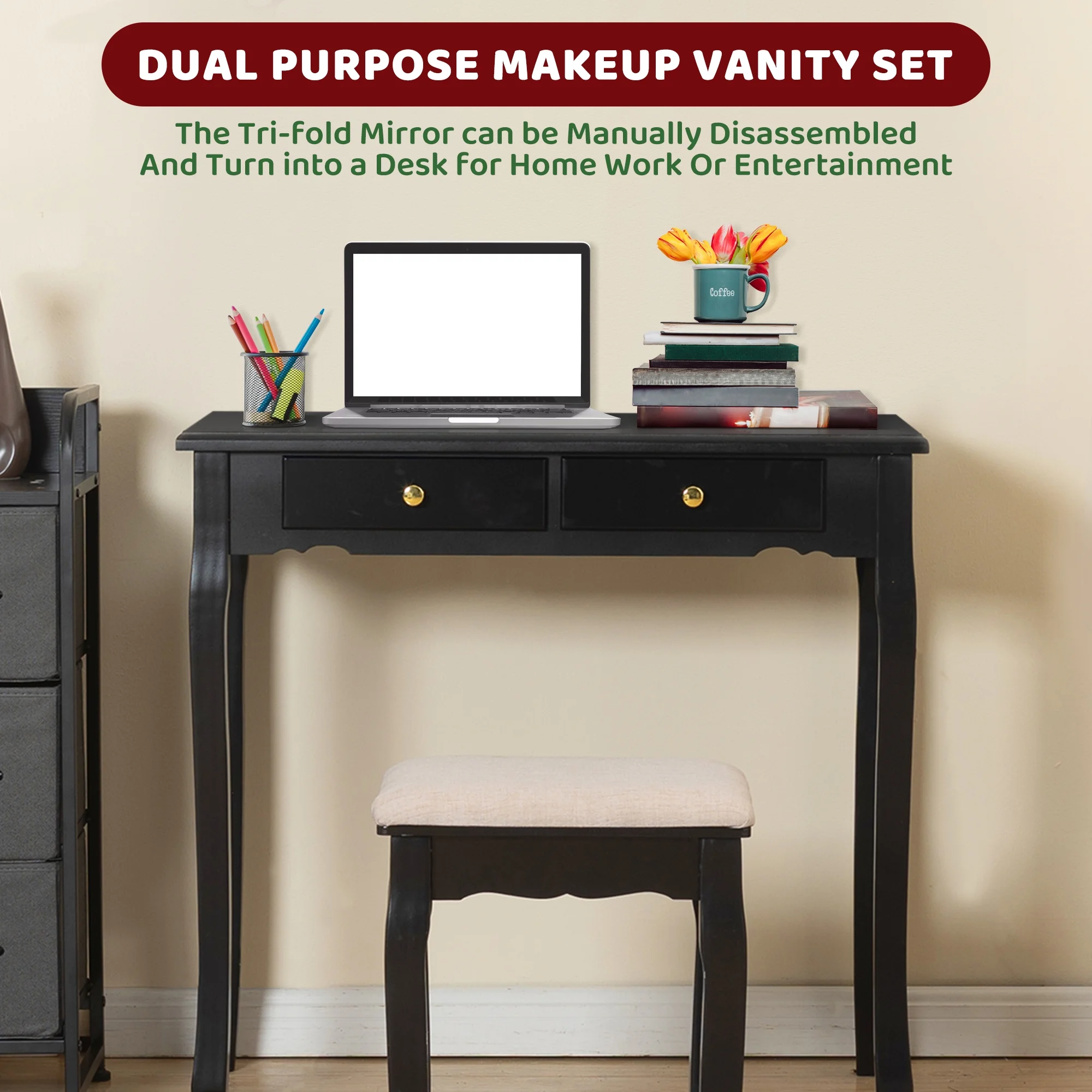 LilyFantasy Makeup Vanity with Lights, Vanity Desk with Cushioned Stool, Tri-fold Vanity Table Set with 4 Drawers, 3 Adjustable Light Modes, 2 Brush Slots, 2 Open Compartments for Girls, Women, White