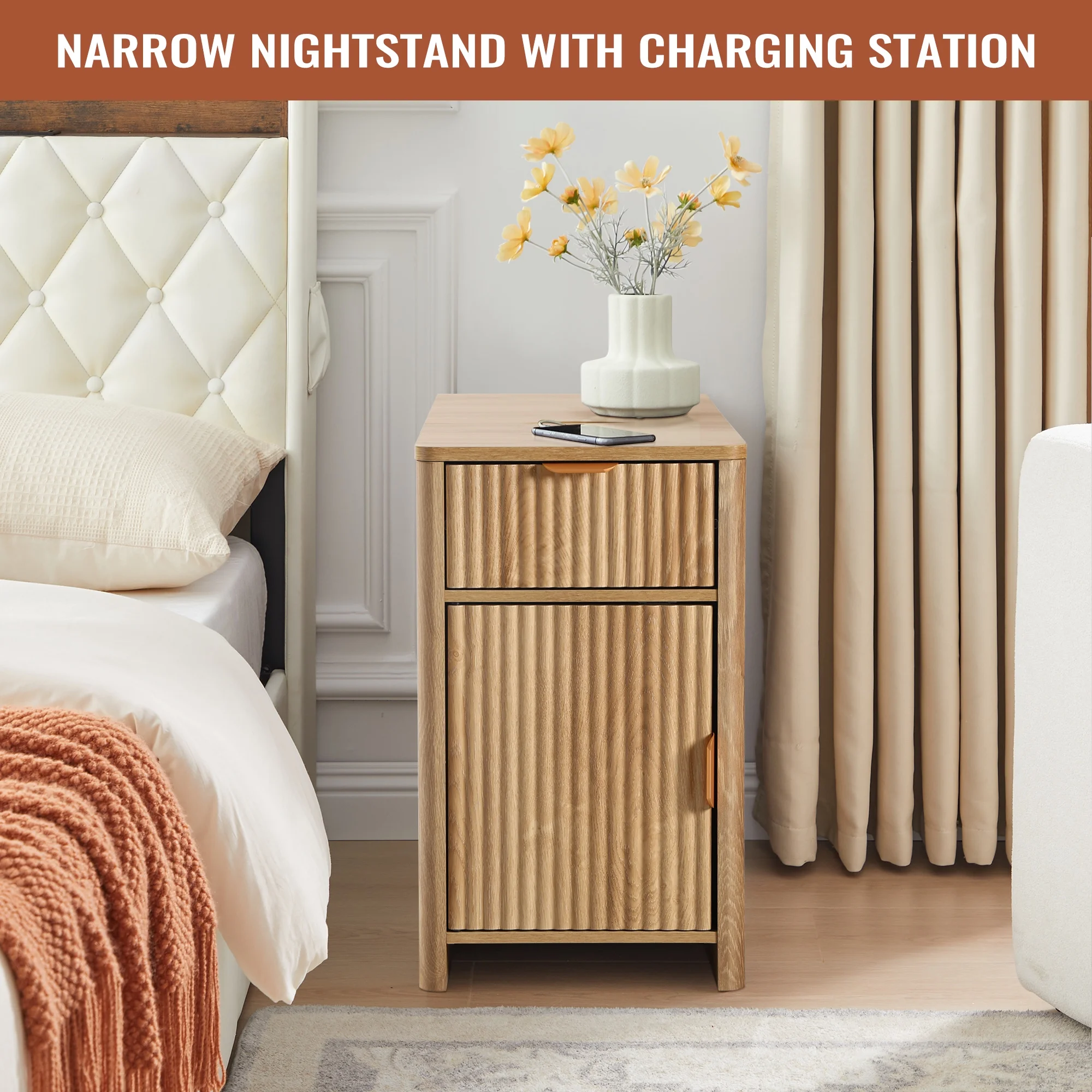 YOCWO Fluted Nightstand for Bedroom Set of 2 , Wood Bedside Table Set of 2 with Drawers, Black