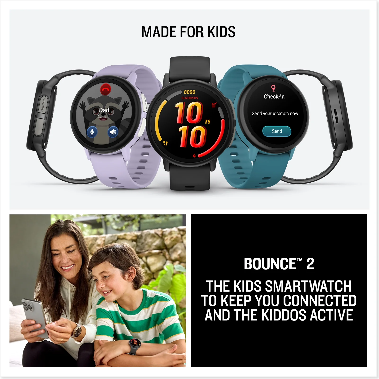 Garmin Bounce 2 (Light Purple) Kids GPS Smartwatch Bundle with PlayBetter Portable Charger & HD Screen Protectors