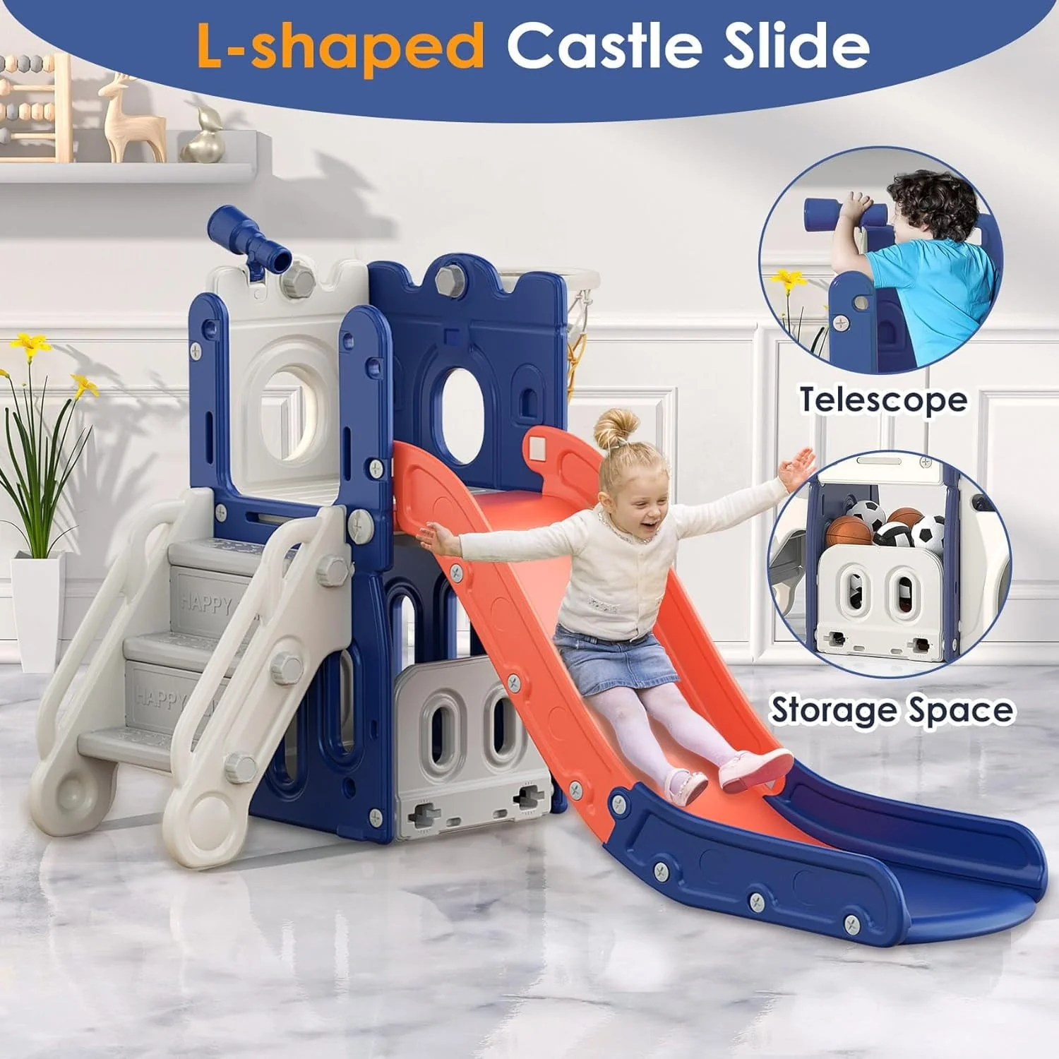 Suteck 7 in 1 Toddler Slide, L-Shaped Kids Slide for Toddlers Age 1+ with Basketball Hoop and Ball, Ring Toss, Storage Space