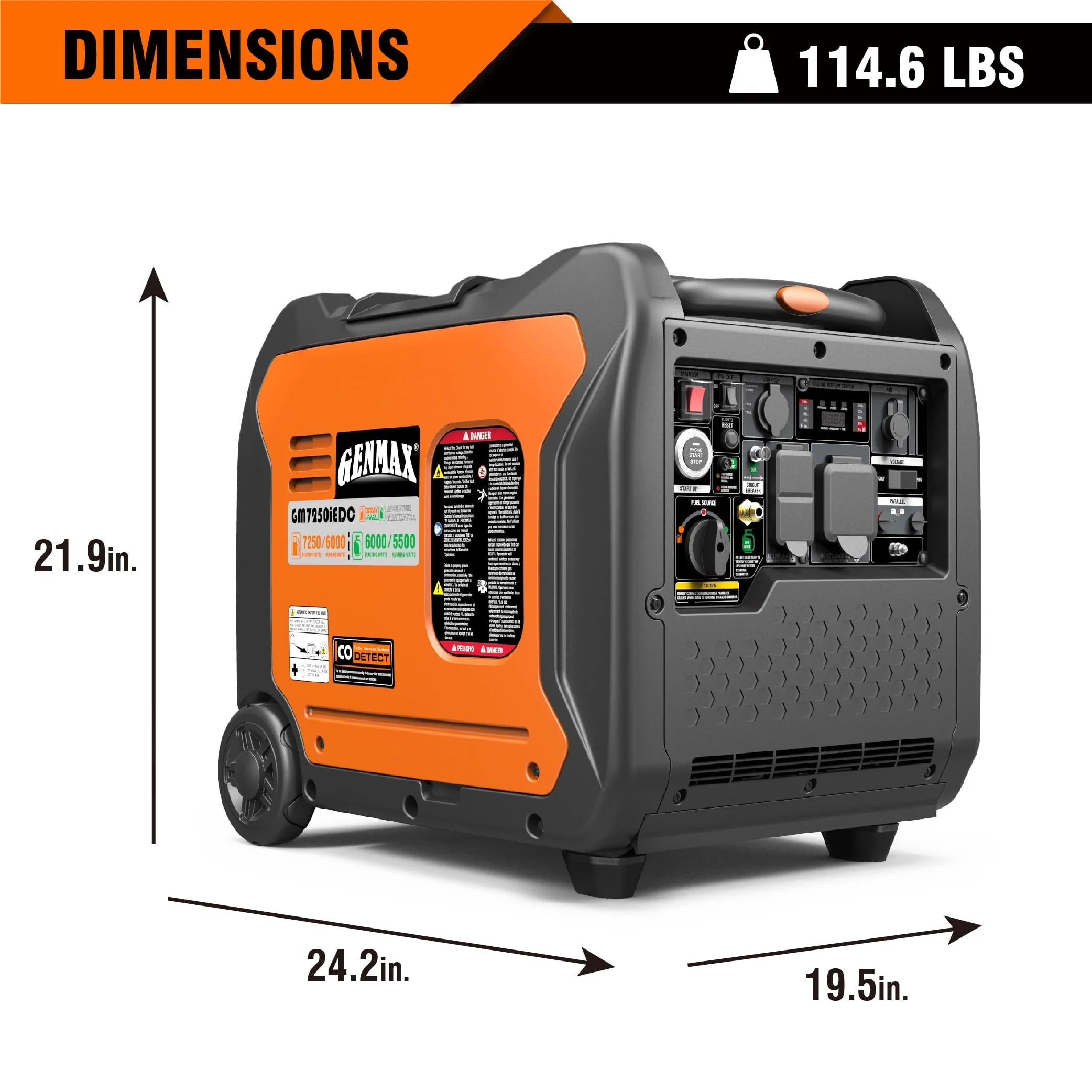 Genmax Dual Fuel Portable Inverter Generator, 7250W Super Quiet Gas Propane Powered with Remote/Electric Start, Ideal for Home Backup Power, CARB Compliant (GM7250iEDC)