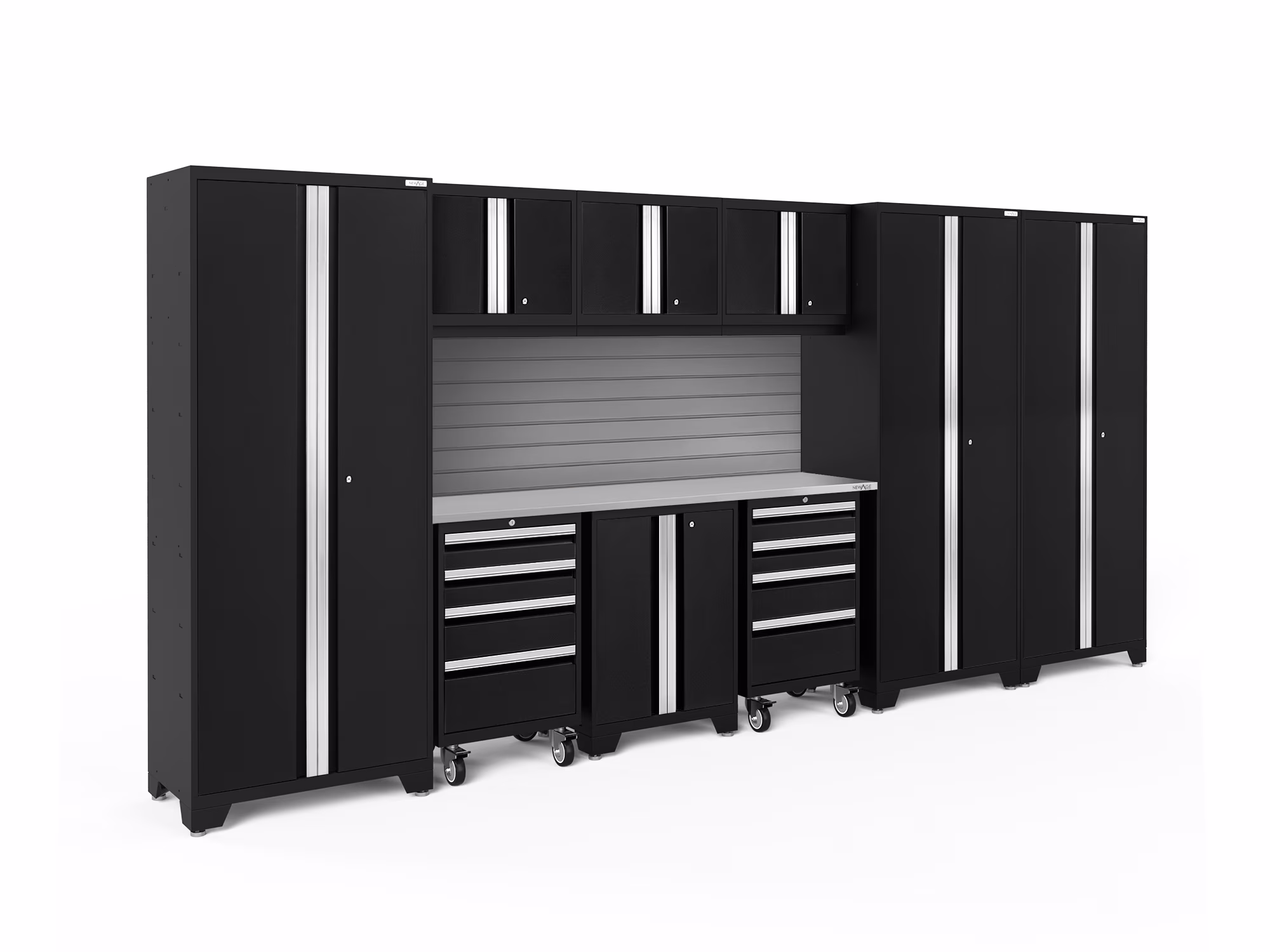 NewAge Products Bold Series Gray 10 Piece Cabinet Set, Heavy Duty 24-Gauge Steel Garage Storage System, Slatwall Included