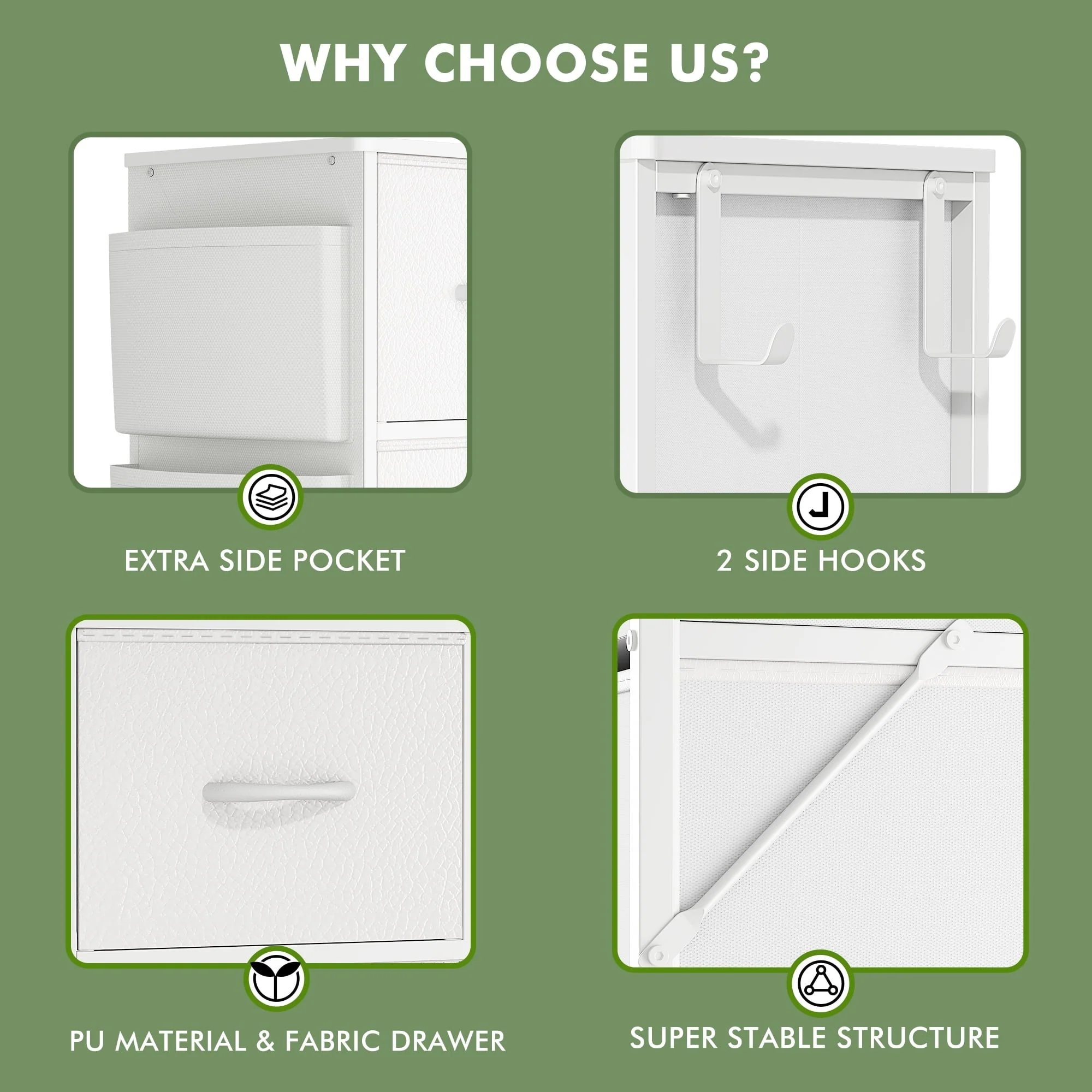 GIKPAL 10 Drawer Dresser, White Dresser Chest of Drawers Dressers for Bedroom Modern PU&Fabric Dresser Tall Dresser with Side Pockets and Hooks, White