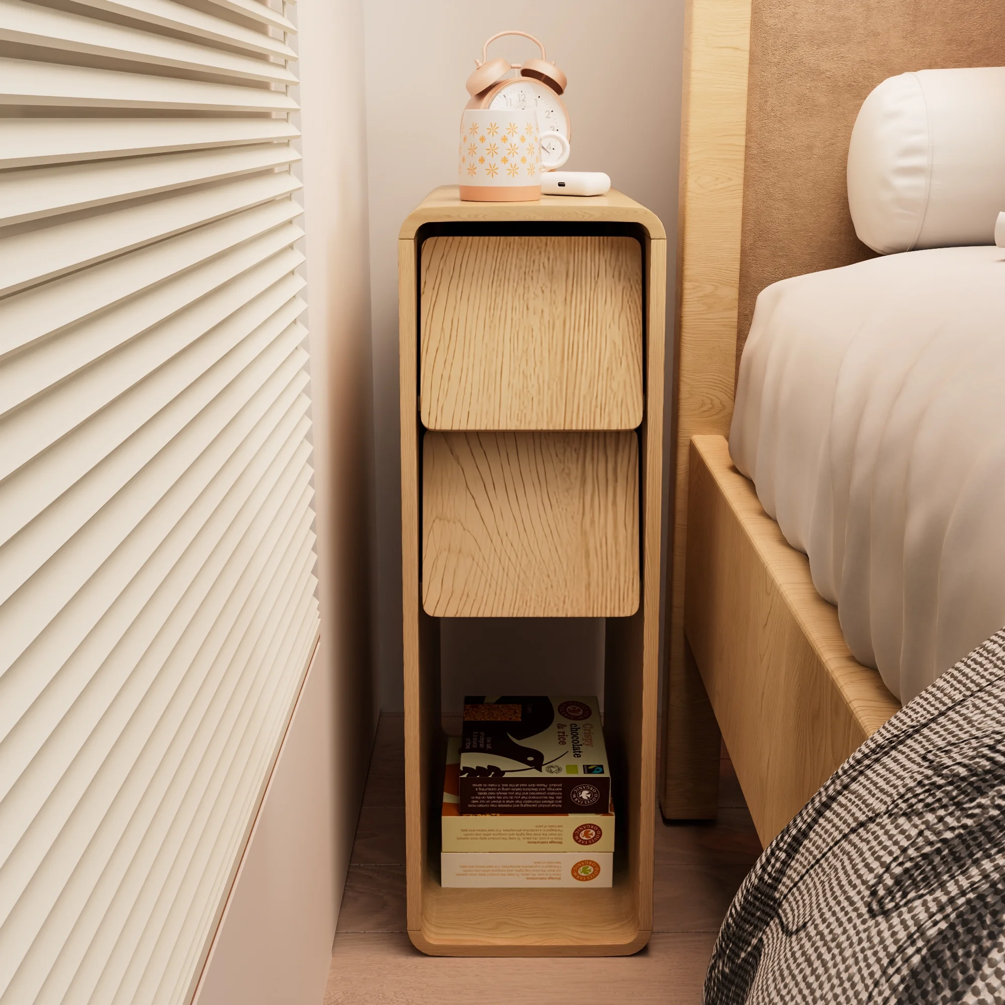 Narrow Nightstand Set of 2 with Drawers, Fluted Slim Side End Table with Storage for Small Spaces