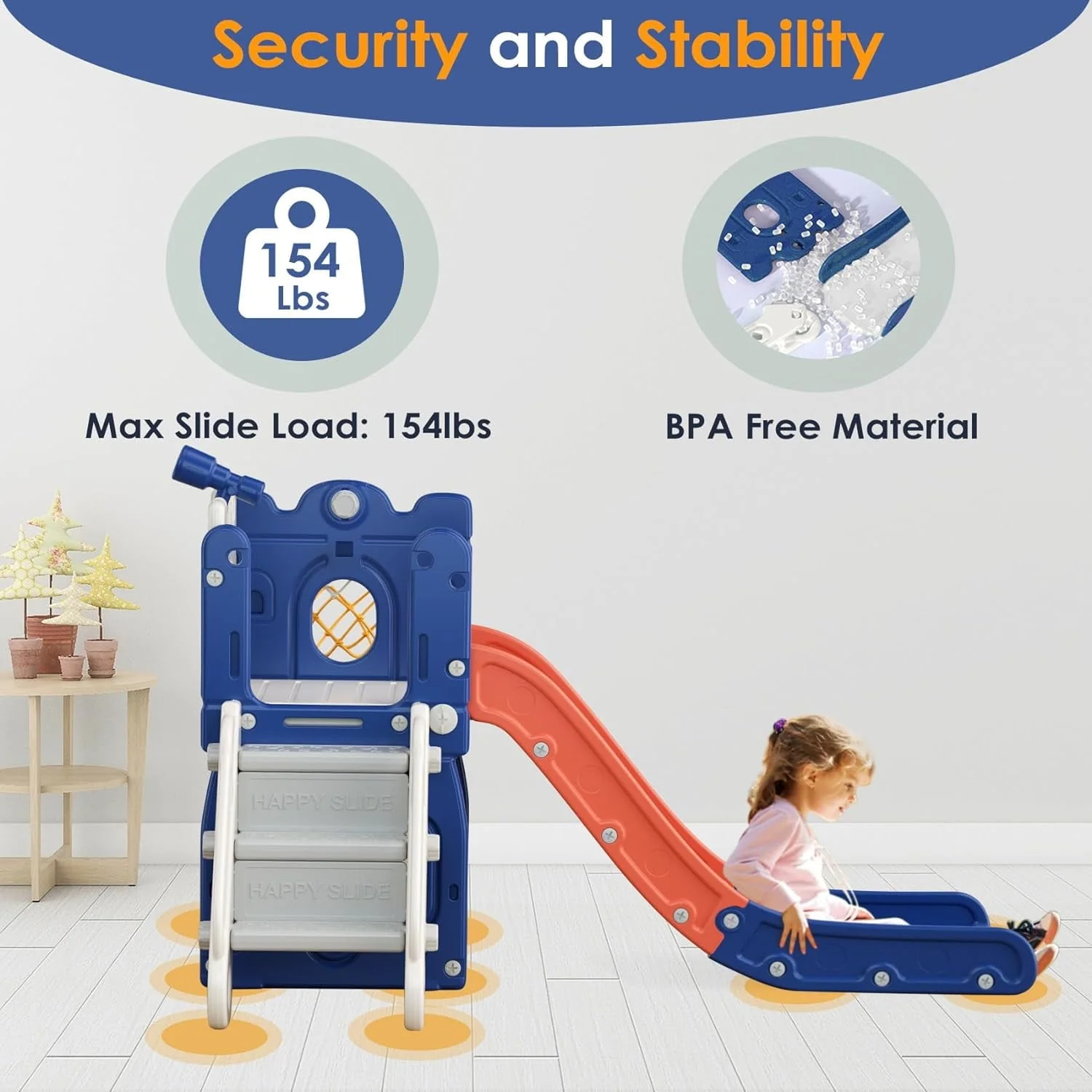 Suteck 7 in 1 Toddler Slide, L-Shaped Kids Slide for Toddlers Age 1+ with Basketball Hoop and Ball, Ring Toss, Storage Space