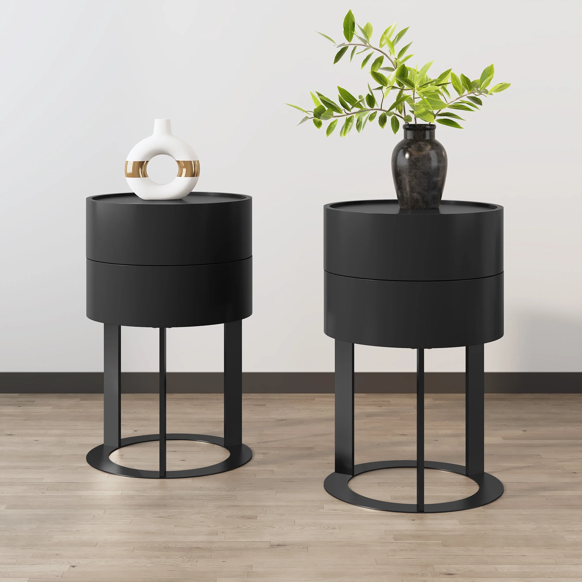 HLR Modern Round Wood Nightstand with Drawer, 2-Tier End Table for Living Room, Bedroom, Black