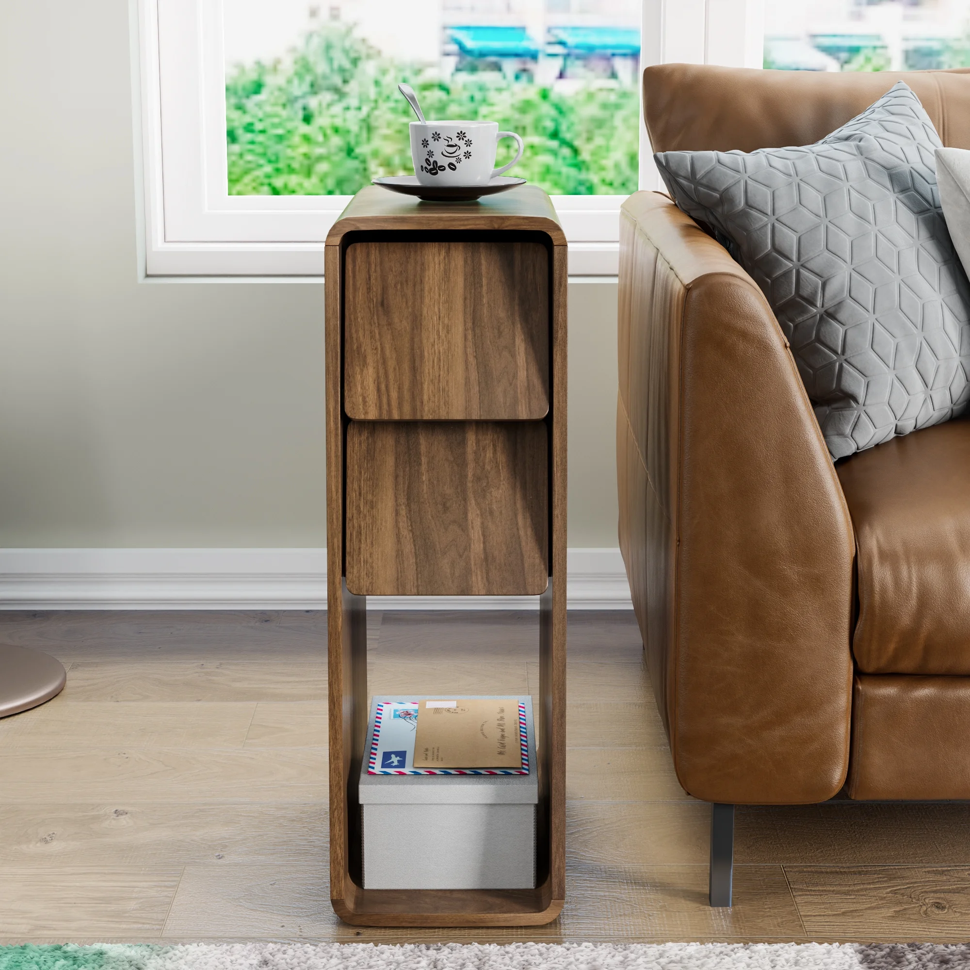 Narrow Nightstand Set of 2 with Drawers, Fluted Slim Side End Table with Storage for Small Spaces